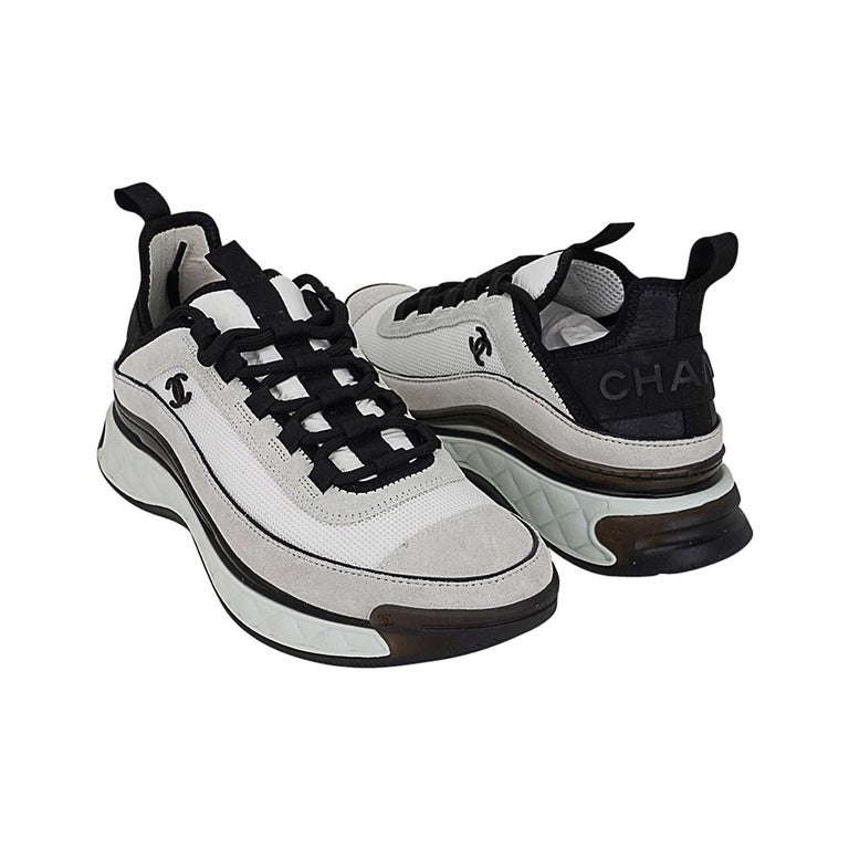 Chanel Velvet Calfskin Mixed Fibers CC Sneaker 39.5 White and Black For  Sale at 1stDibs