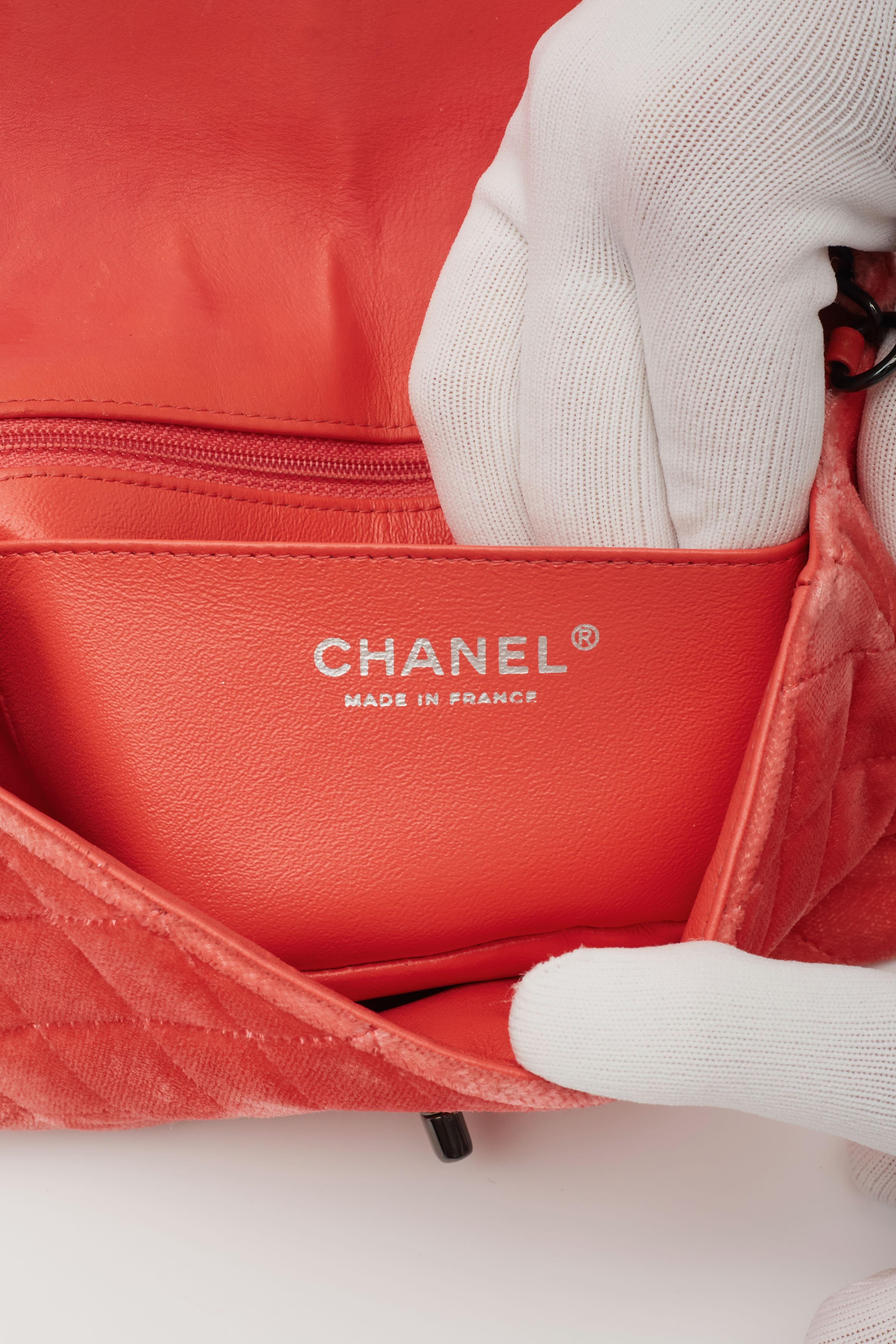 Chanel Velvet Quilted Rectangular Mini Flap Bag Coral For Sale 5