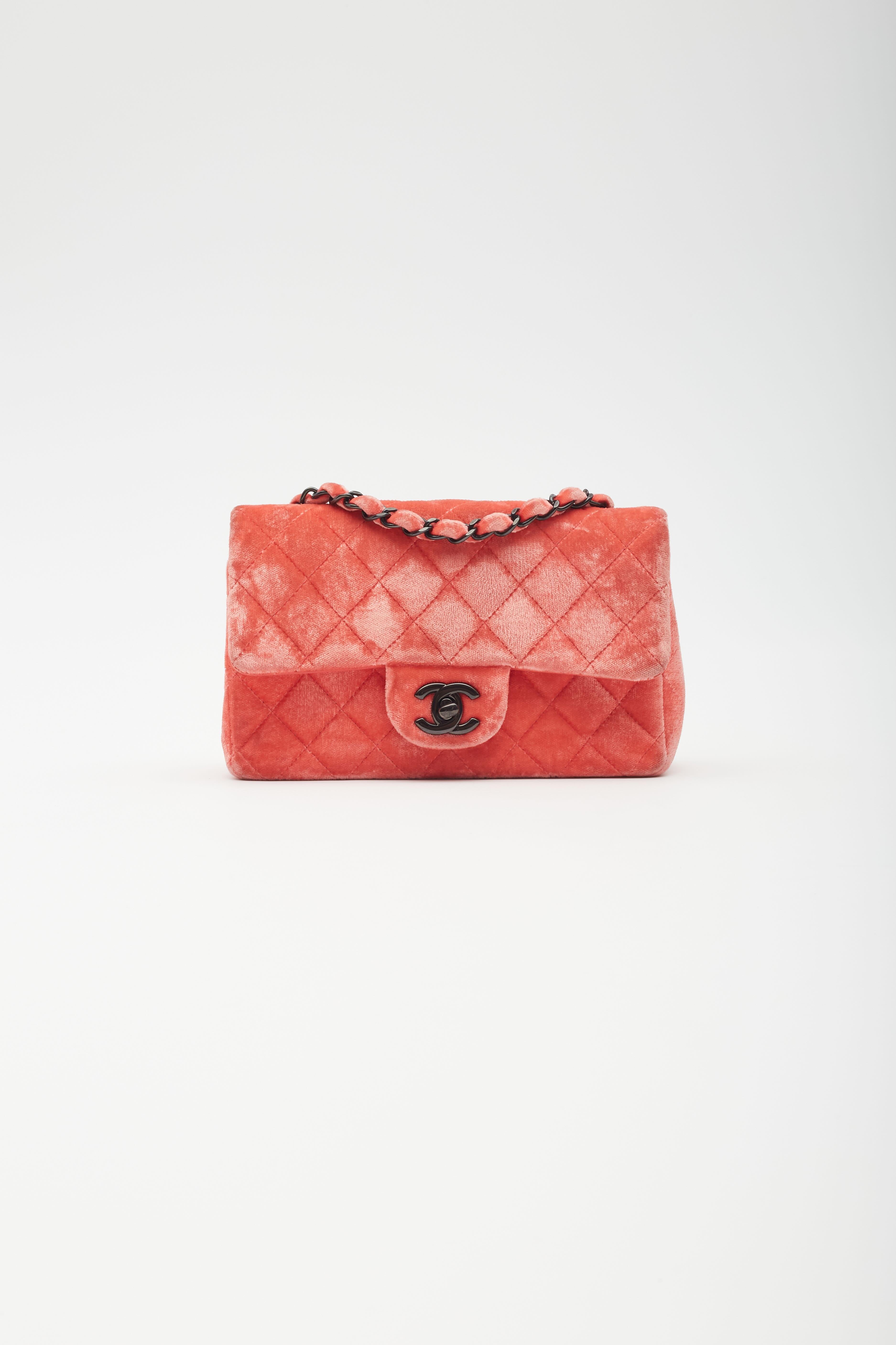 Orange Chanel Velvet Quilted Rectangular Mini Flap Bag Coral For Sale