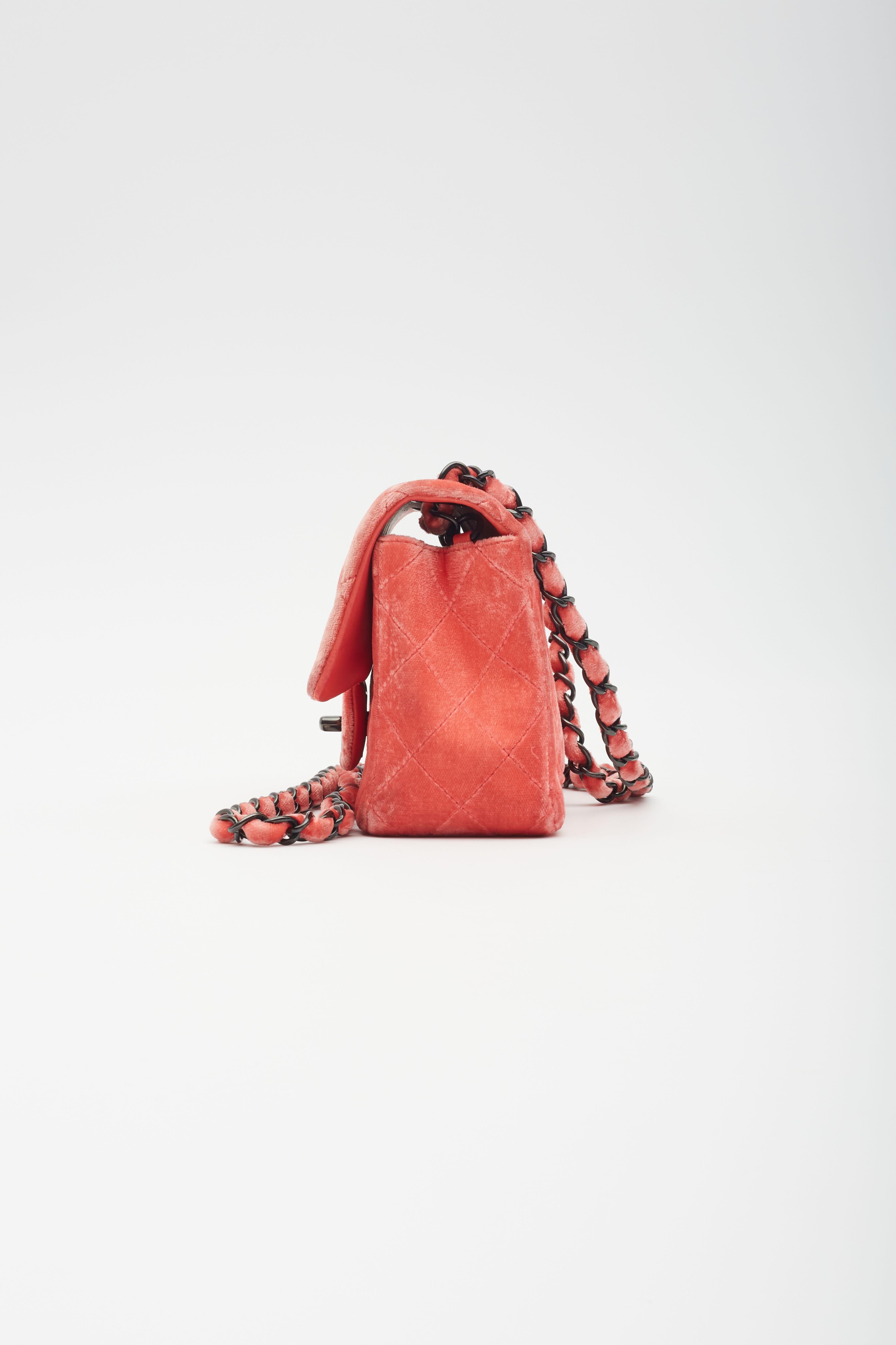 Women's Chanel Velvet Quilted Rectangular Mini Flap Bag Coral For Sale
