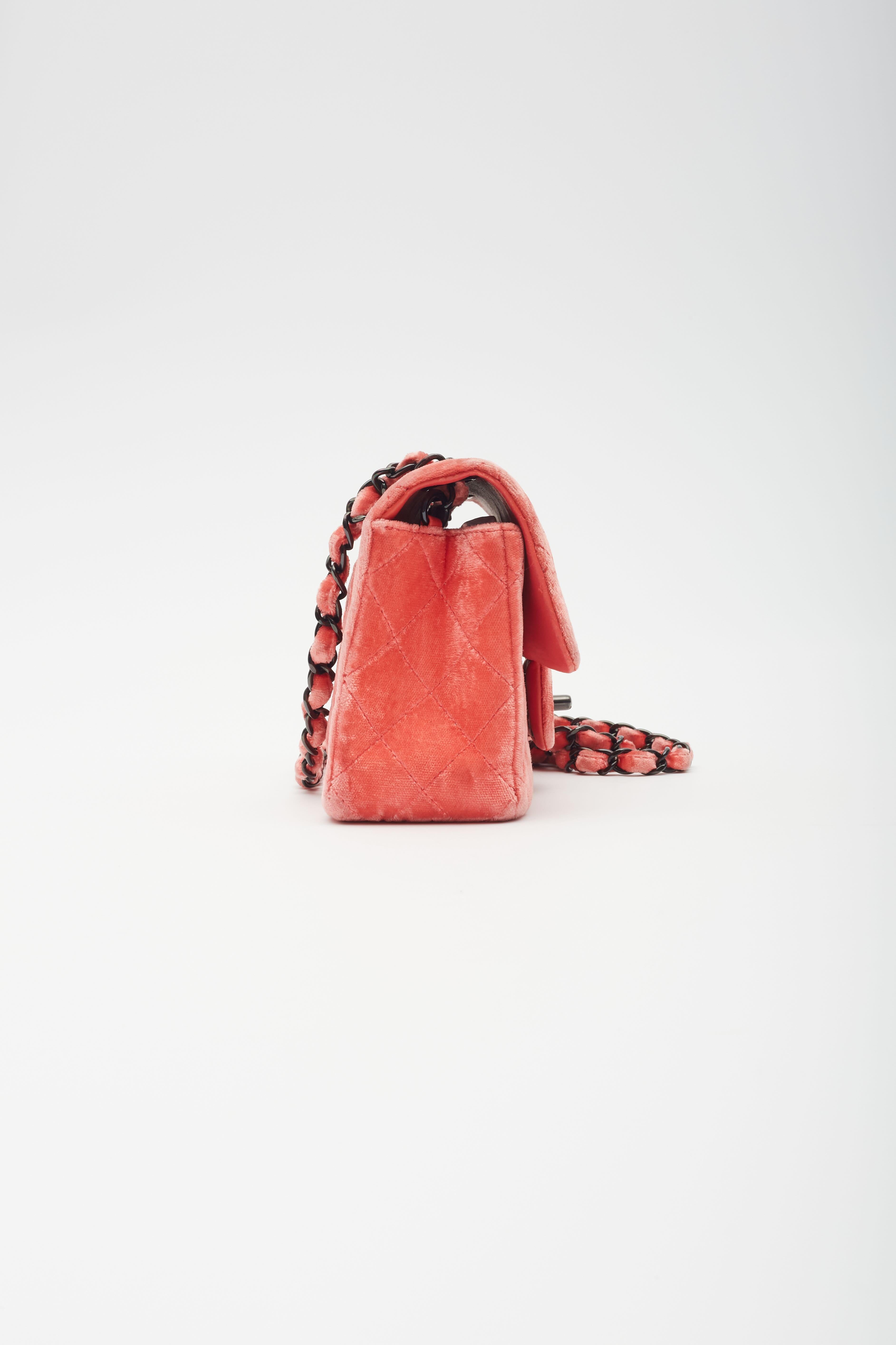 Chanel Velvet Quilted Rectangular Mini Flap Bag Coral For Sale 1