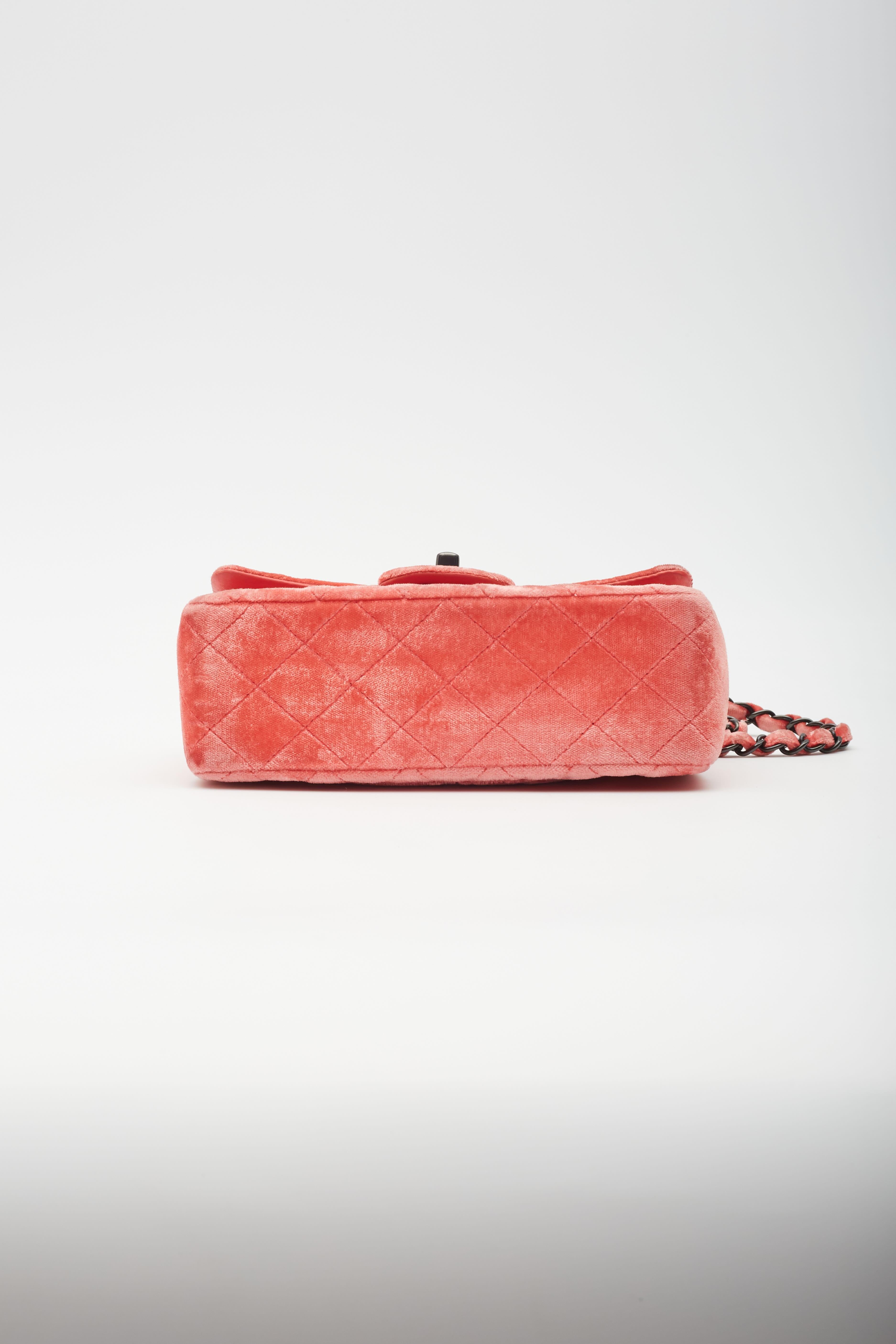 Chanel Velvet Quilted Rectangular Mini Flap Bag Coral For Sale 2