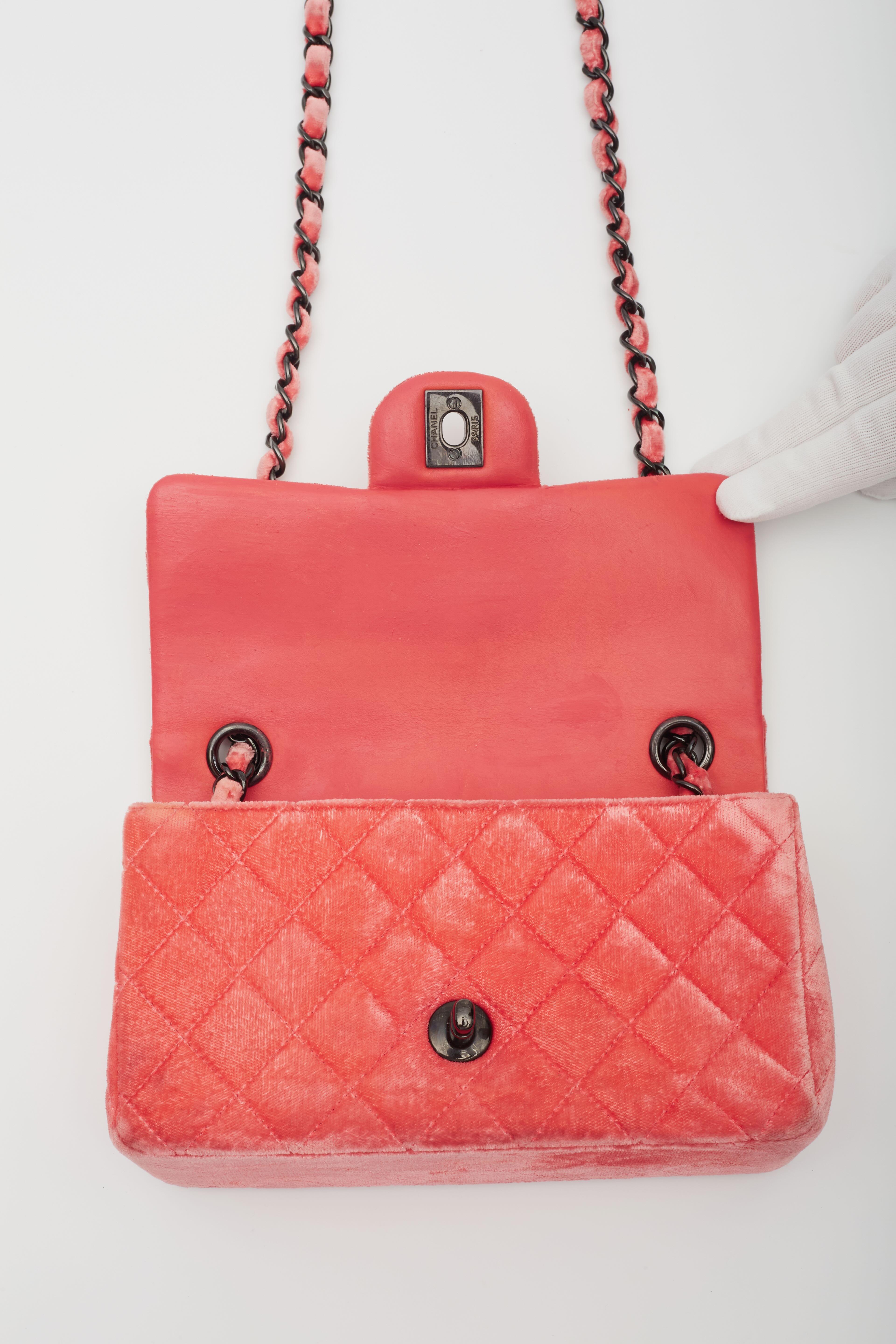 Chanel Velvet Quilted Rectangular Mini Flap Bag Coral For Sale 3