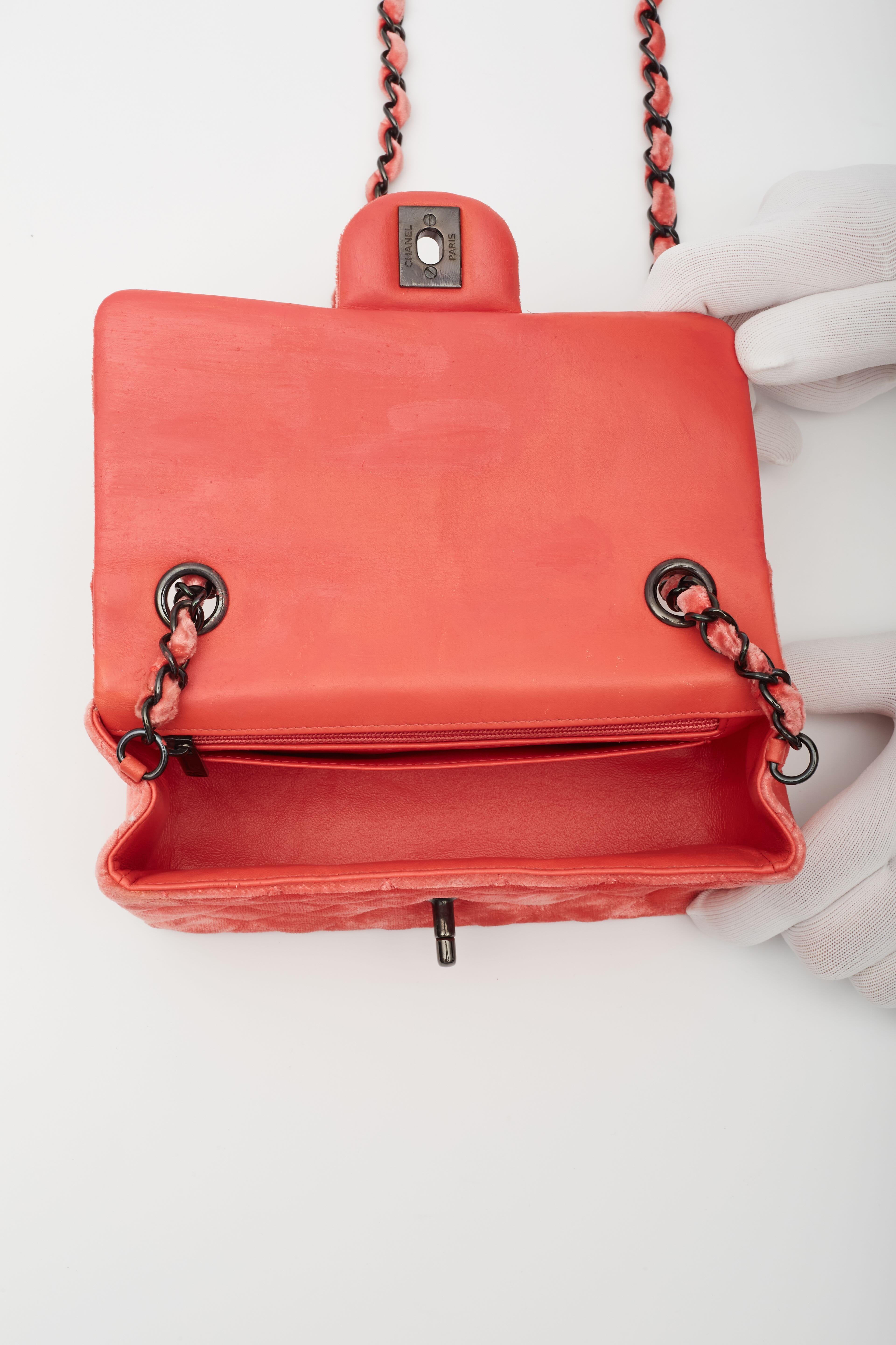 Chanel Velvet Quilted Rectangular Mini Flap Bag Coral For Sale 4