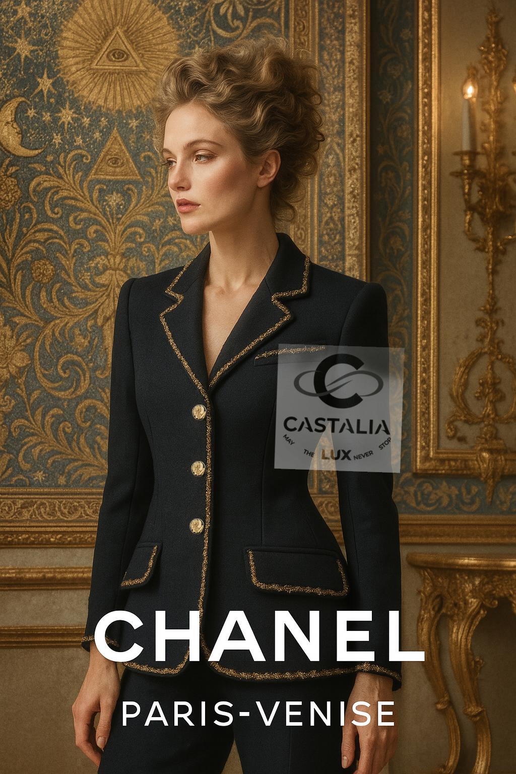  Un'ode alla Grandeur veneziana, 
questa giacca Chanel in tweed nero della Collection'S di Parigi/Venezia. 
è una delle creazioni più poeticamente ambite della casa.

~ Ogni dettaglio parla di palazzi crepuscolari, canali dorati e dell'eterno