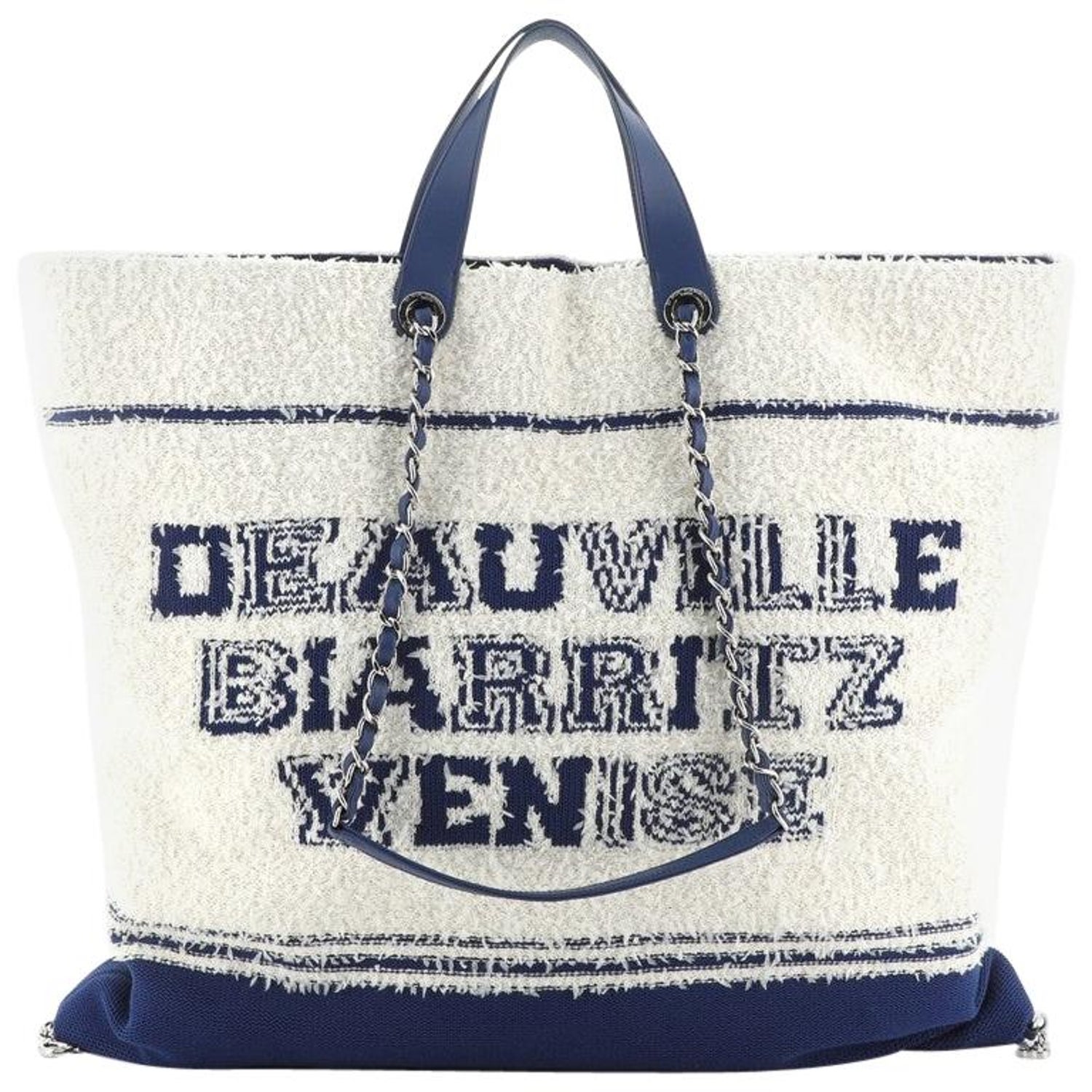 Chanel iconic 2019 Venise Biarritz Terry Tote Shopping Bag Blue Beige Cream  Navy blue Cotton Tweed ref.419649 - Joli Closet