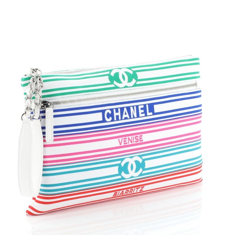 Gray Chanel Venise Biarritz Zip Pouch Striped Canvas Large