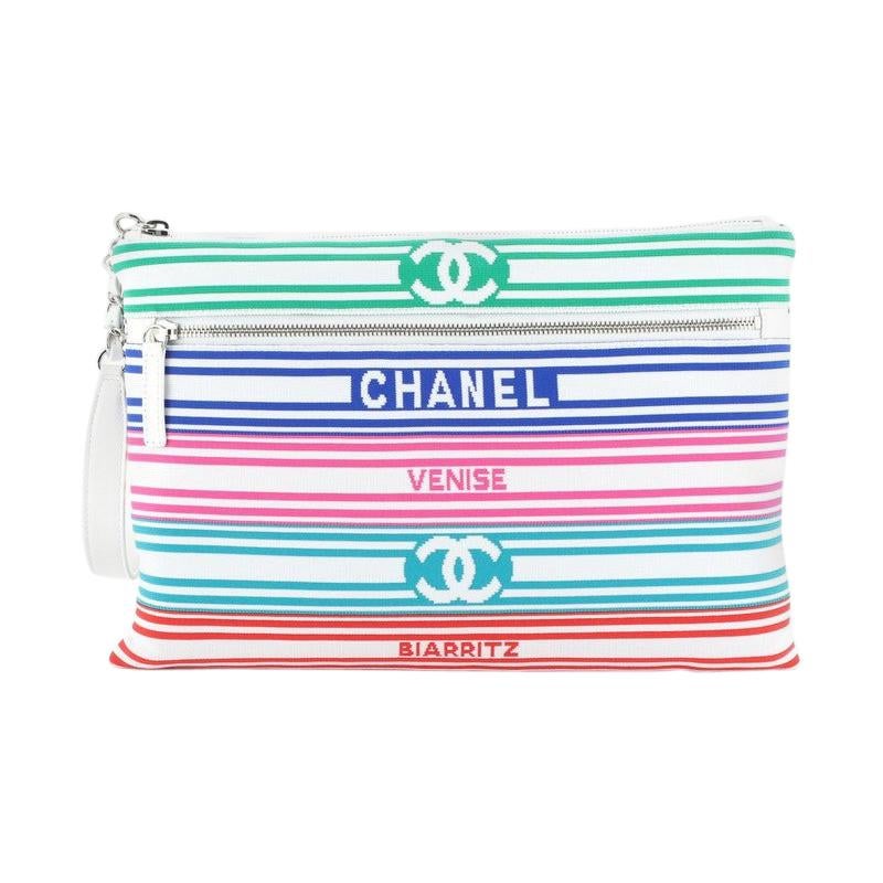 Chanel Venise Biarritz Zip Pouch Striped Canvas Large