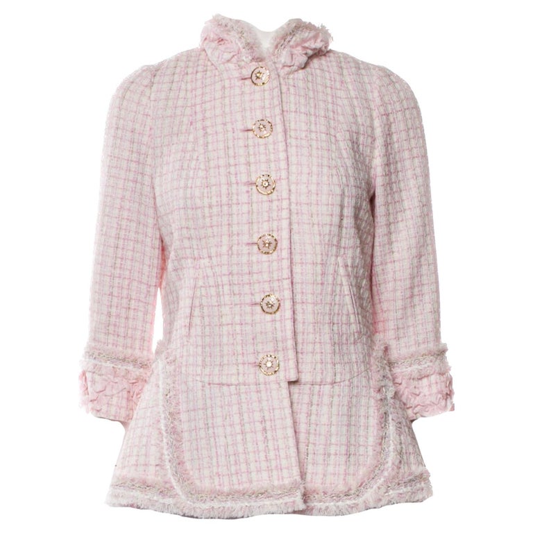 At Auction: CHANEL- Lace Trim Pink Tweed Jacket Skirt Suit Set CC
