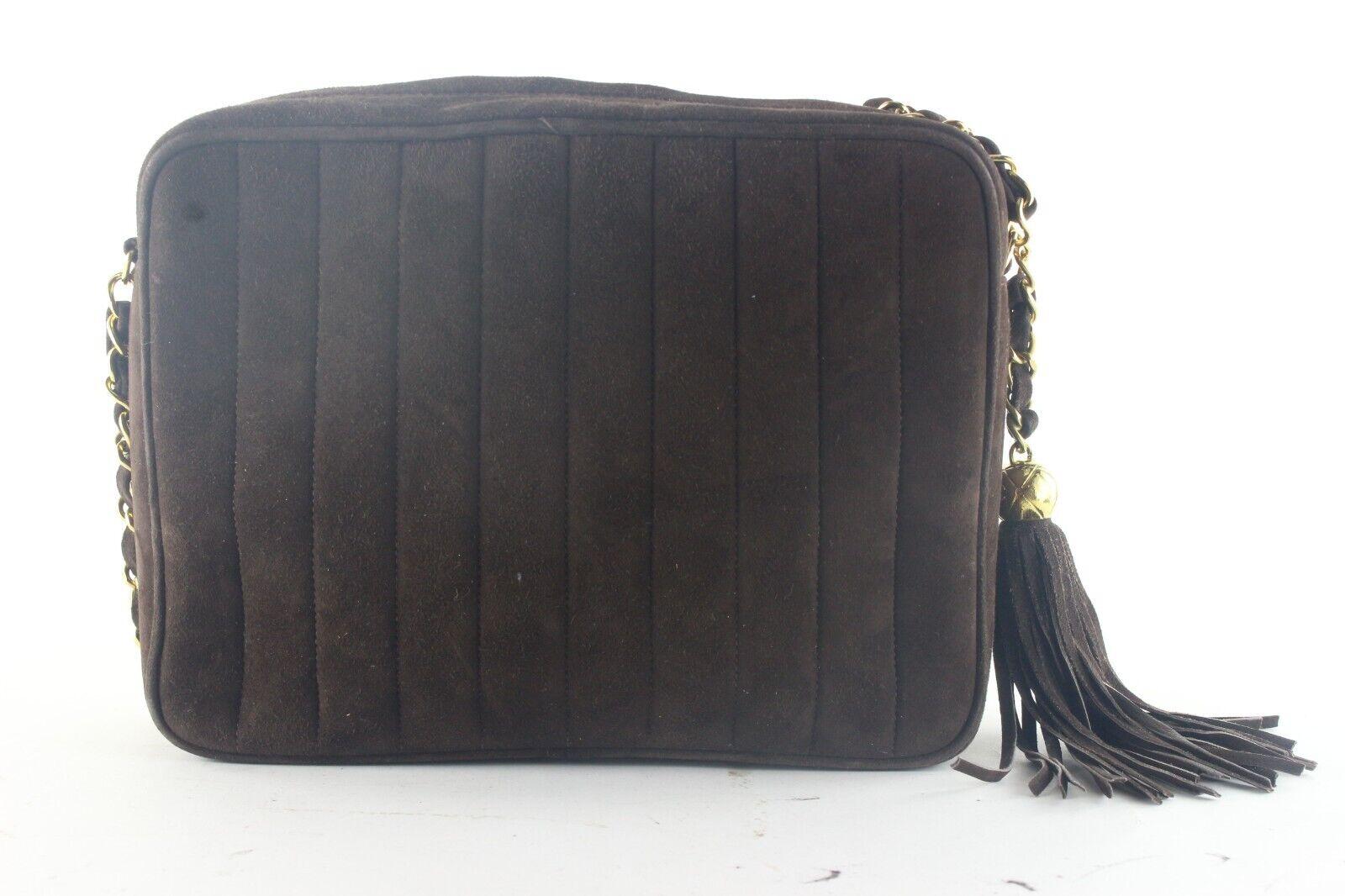 Gray Chanel Vertical Quilted Brown Suede Fringe Tassel Camera Bag Crossbody 5CAS105K For Sale