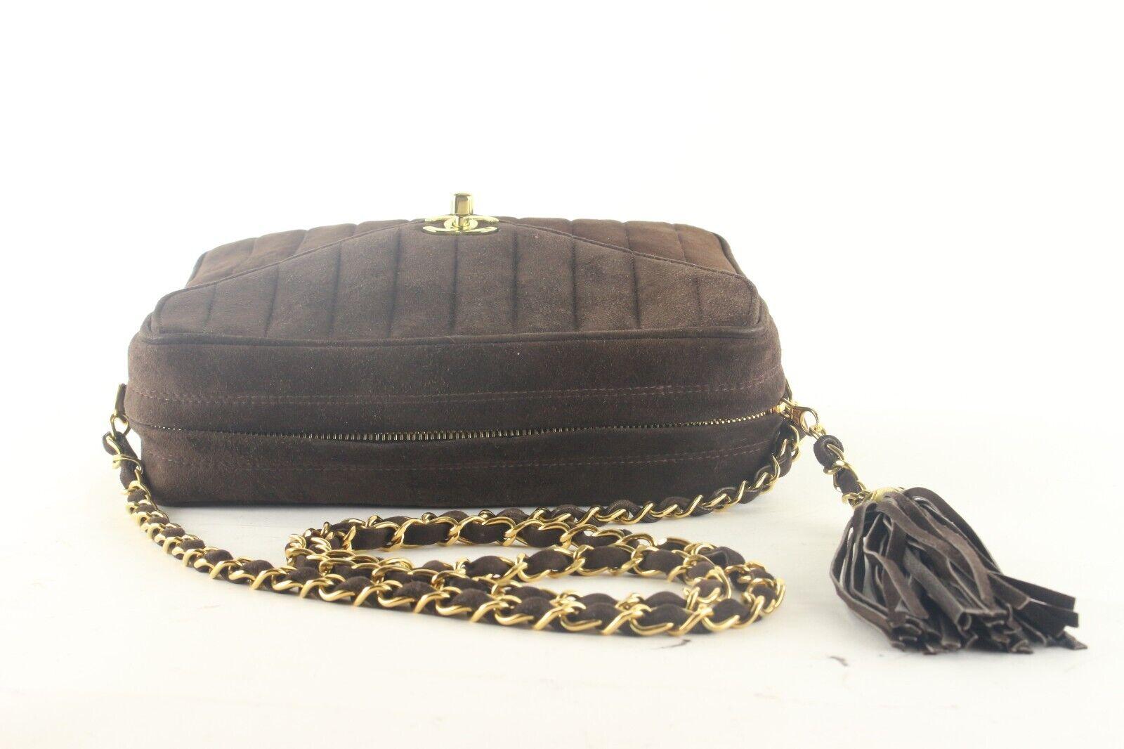 Chanel Vertical Quilted Brown Suede Fringe Tassel Camera Bag Crossbody 5CAS105K For Sale 2