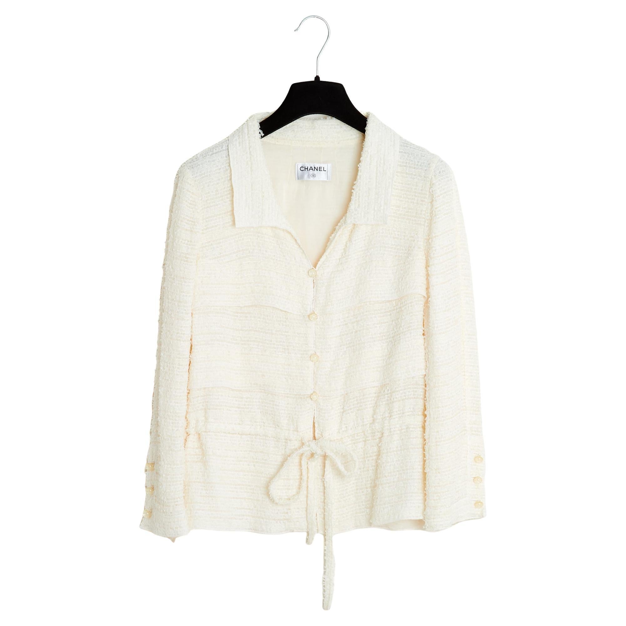 Chanel Veste Tweed Ecru ceinturee FR36 Ecru Tweed  Belted Jacket UK8 US6 For Sale
