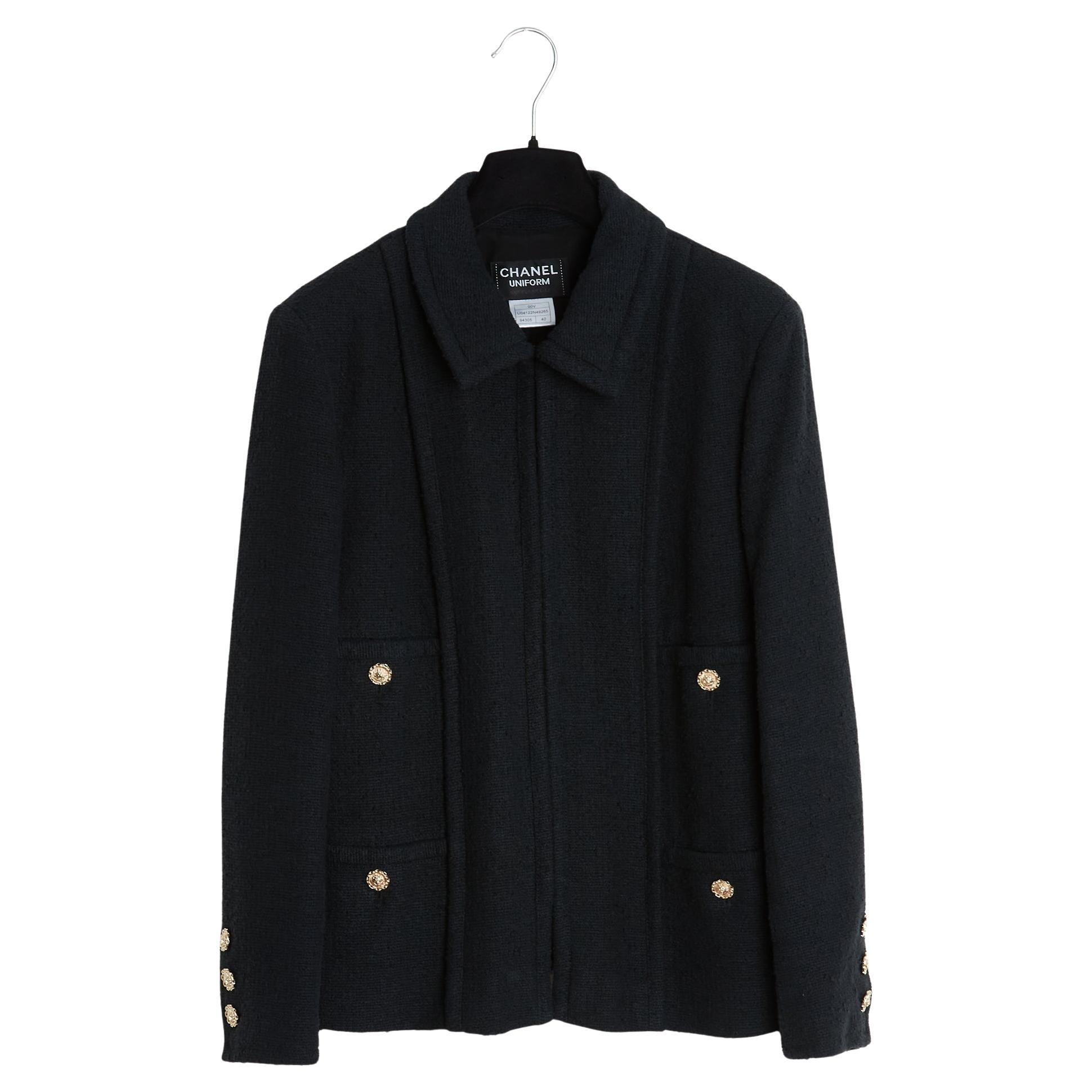 Chanel Veste Tweed FR40 Black Wool Tweed Lion Head Buttons Jacket UK12 US10 For Sale