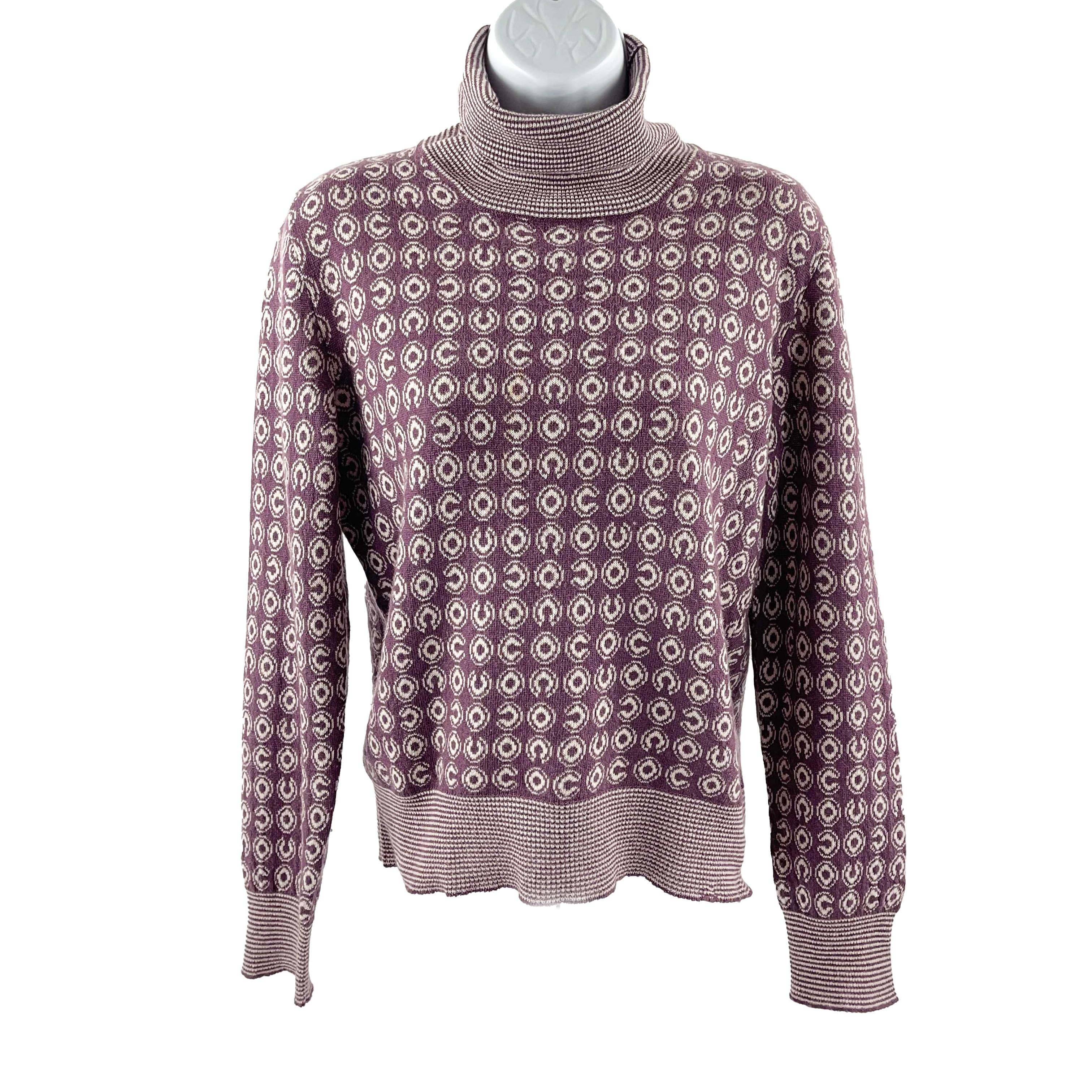CHANEL Vintage 01A COCO Cashmere Turtleneck Sweater Purple White 42 US L 10 2