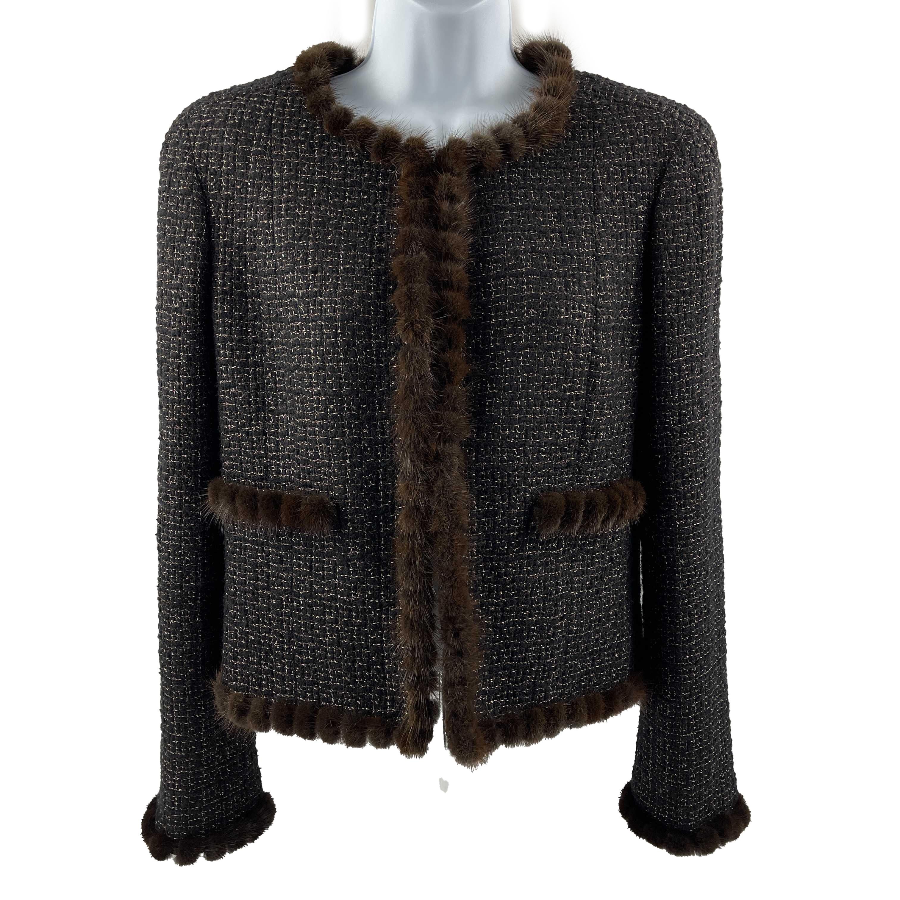 CHANEL Vintage 03A Mink Fur Metallic Tweed Black, Brown42, US 10 Gold Jacket 7