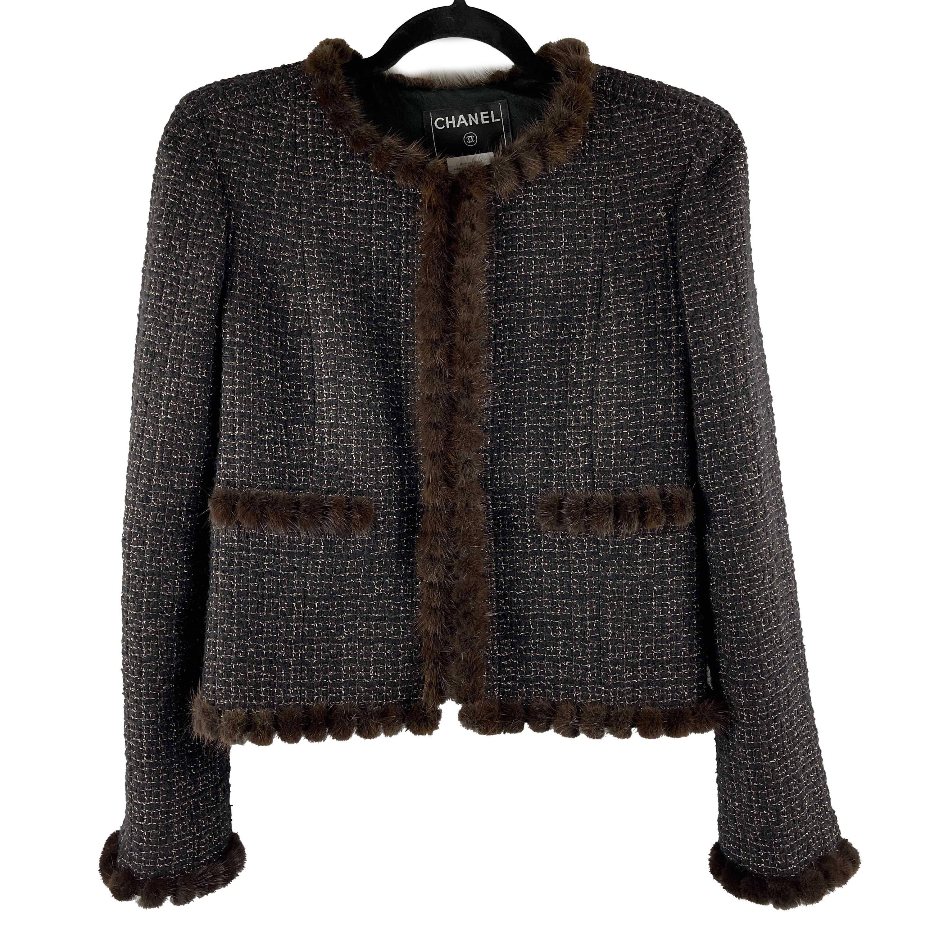 CHANEL Vintage 03A Mink Fur Metallic Tweed Black, Brown42, US 10 Gold Jacket 4