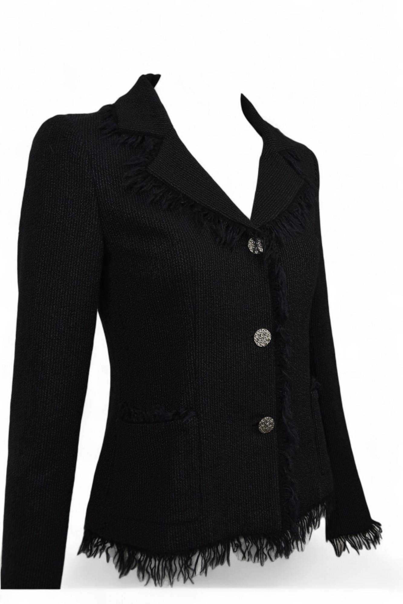Black Chanel Vintage 04P Tweed Blazer With Fringe Edges  Size 2 US For Sale