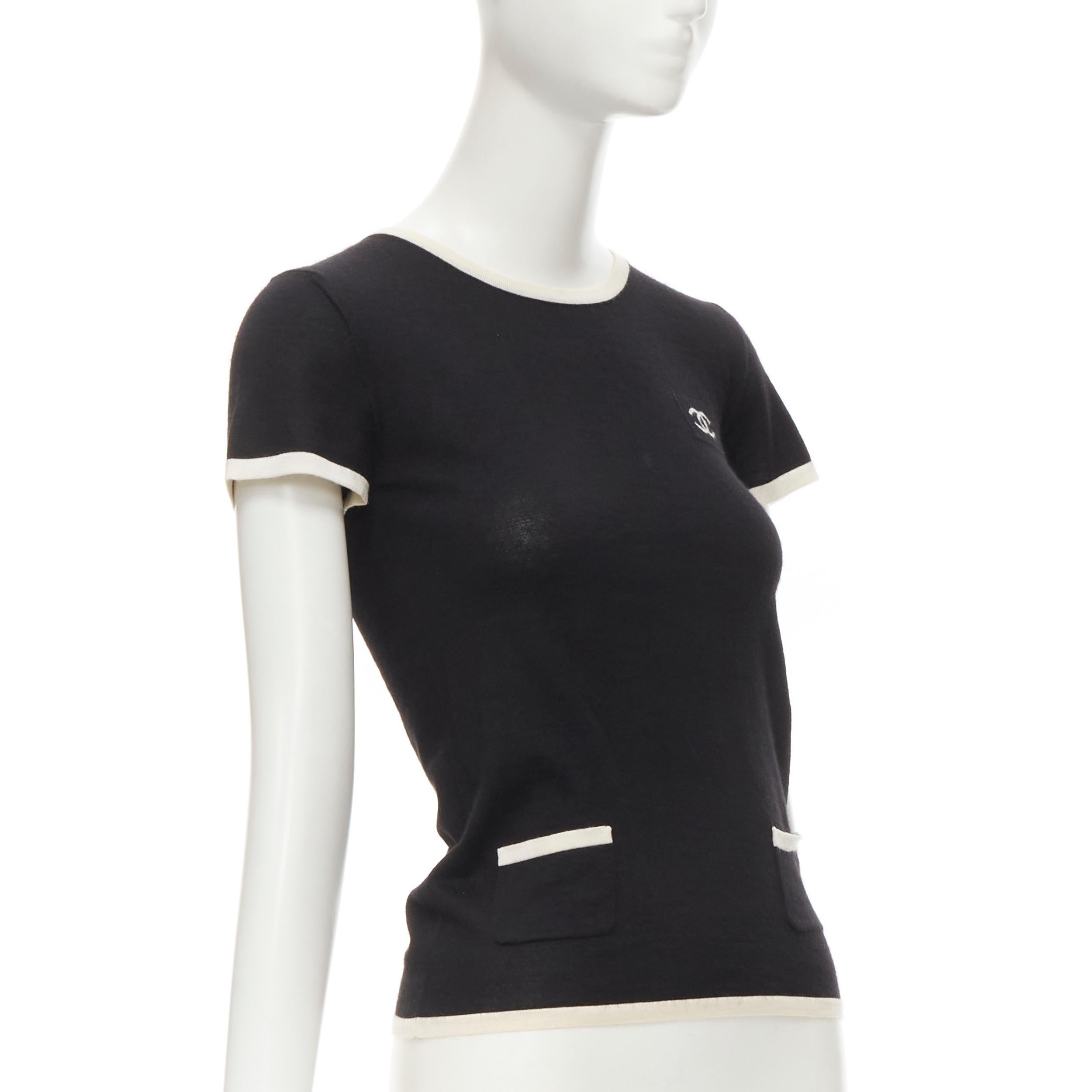 Black CHANEL Vintage 06C cashmere silk black white CC double pocket knit top FR34 XS