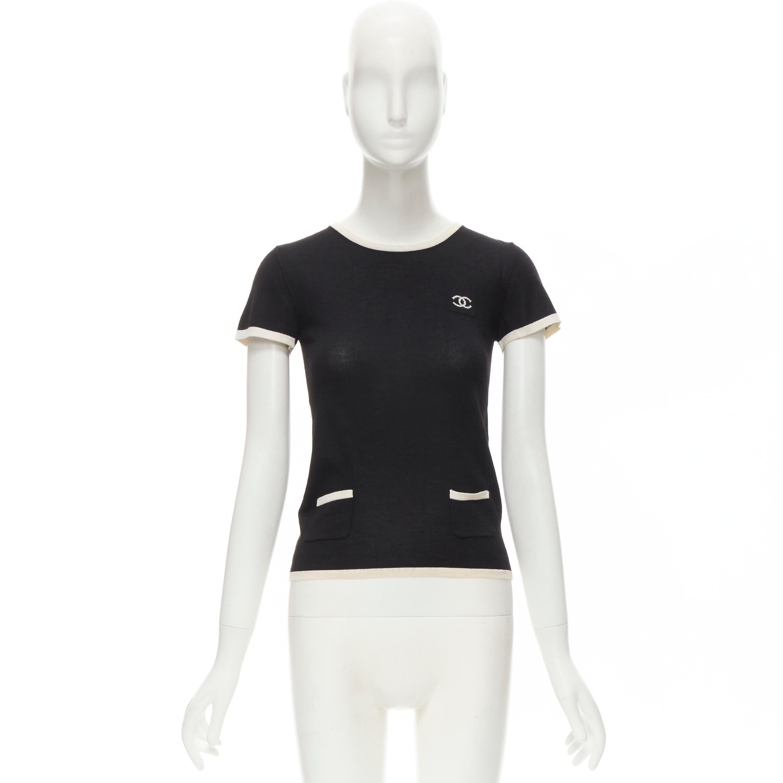 CHANEL Vintage 06C cashmere silk black white CC double pocket knit top FR34 XS 4