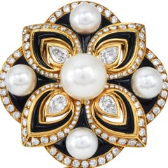 Chanel Vintage 18K Gold Pearl Diamond Enamel Flower Brooch