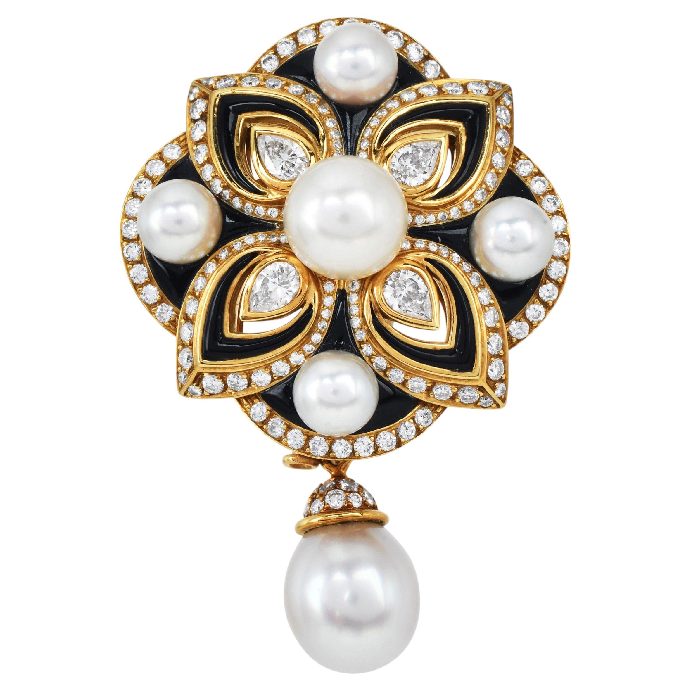 Chanel Vintage 18K Gold Pearl Diamond Enamel Flower Brooch