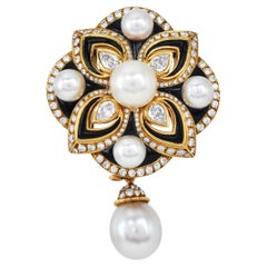 Chanel Vintage 18K Gold Pearl Diamond Enamel Flower Brooch