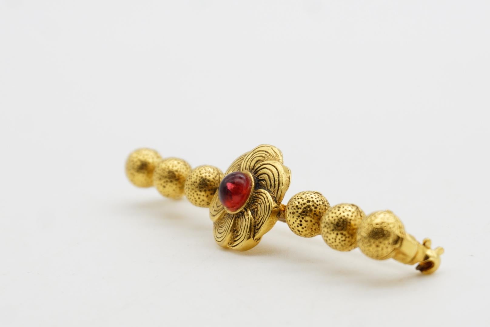 Chanel Vintage 1950s Blume Rubin Cabochon Lang 6 Dots Ball Barrette Gold Brosche im Angebot 5