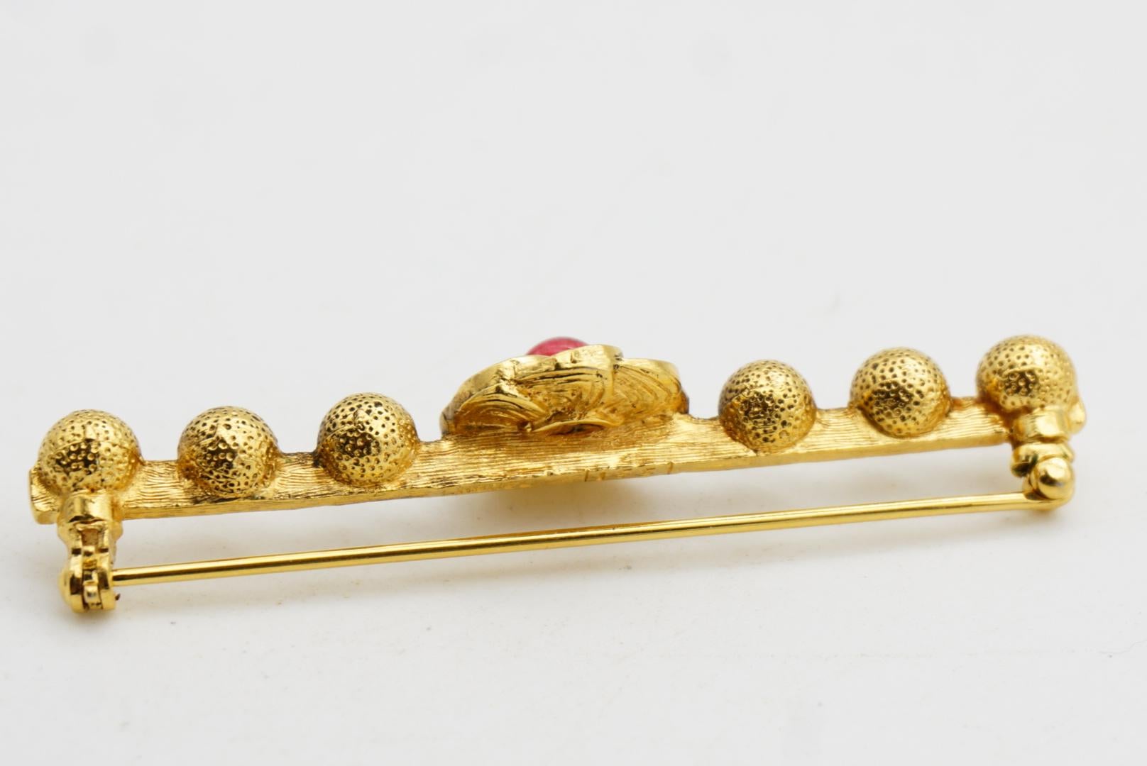 Chanel Vintage 1950s Blume Rubin Cabochon Lang 6 Dots Ball Barrette Gold Brosche im Angebot 6