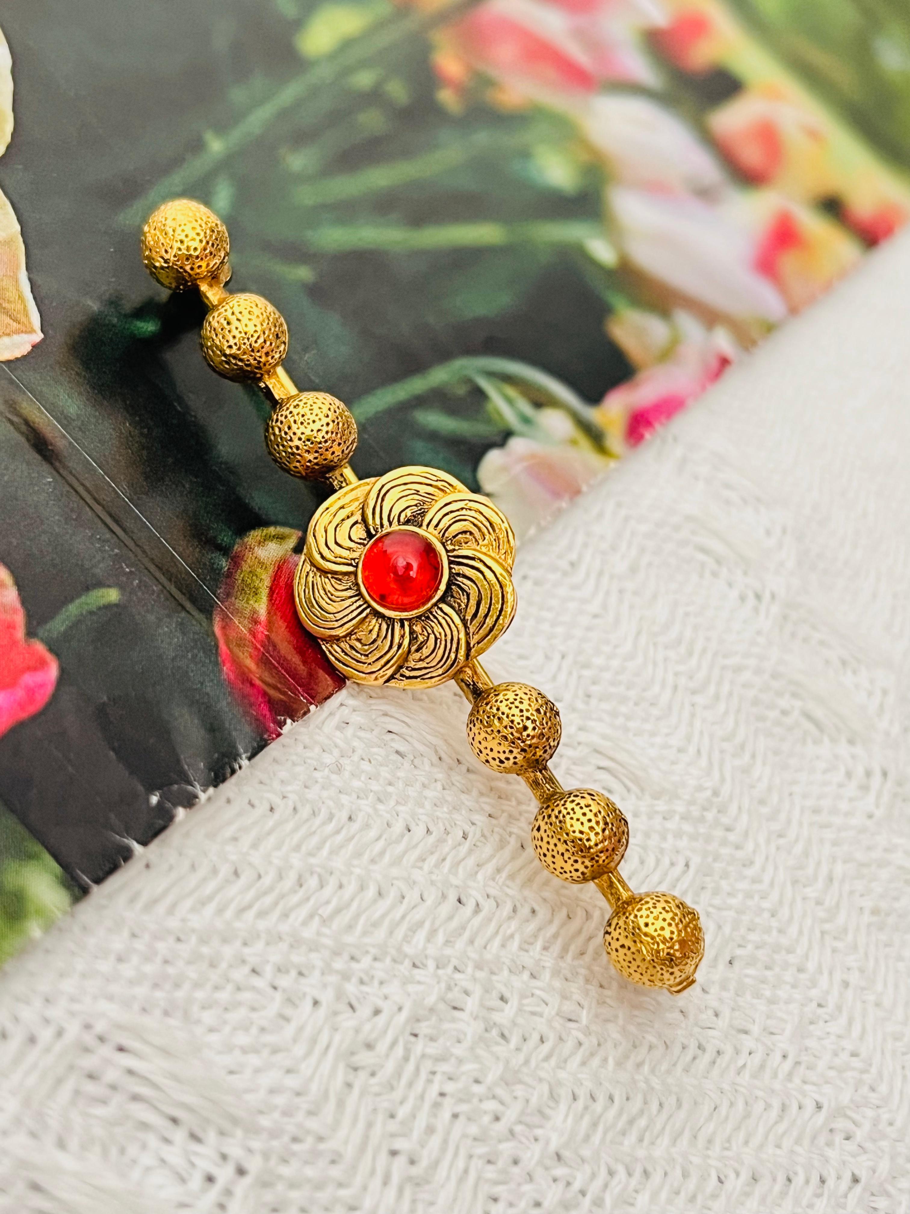 Chanel Vintage 1950s Blume Rubin Cabochon Lang 6 Dots Ball Barrette Gold Brosche im Zustand „Hervorragend“ im Angebot in Wokingham, England
