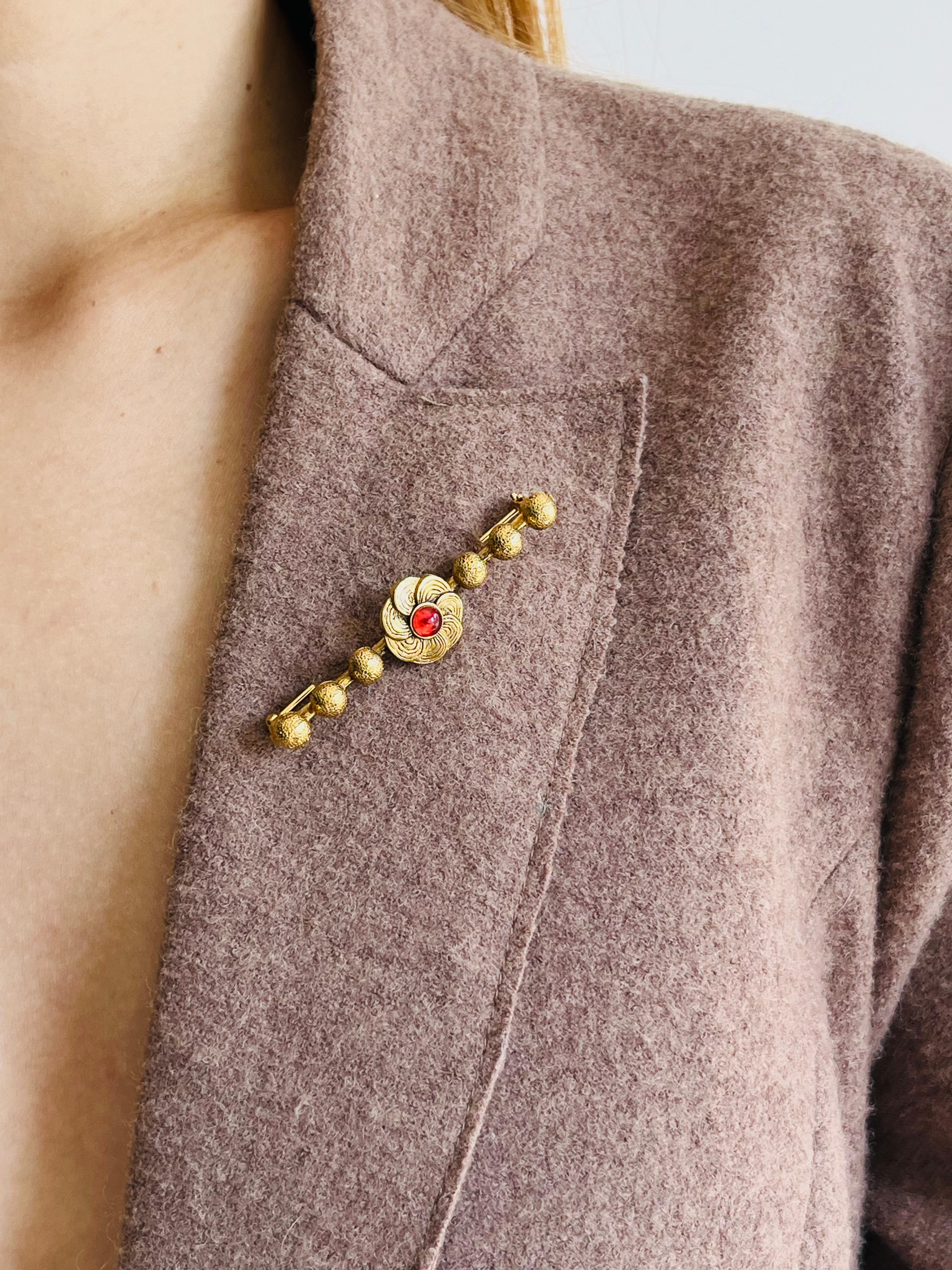 Chanel Vintage 1950s Blume Rubin Cabochon Lang 6 Dots Ball Barrette Gold Brosche im Angebot 1