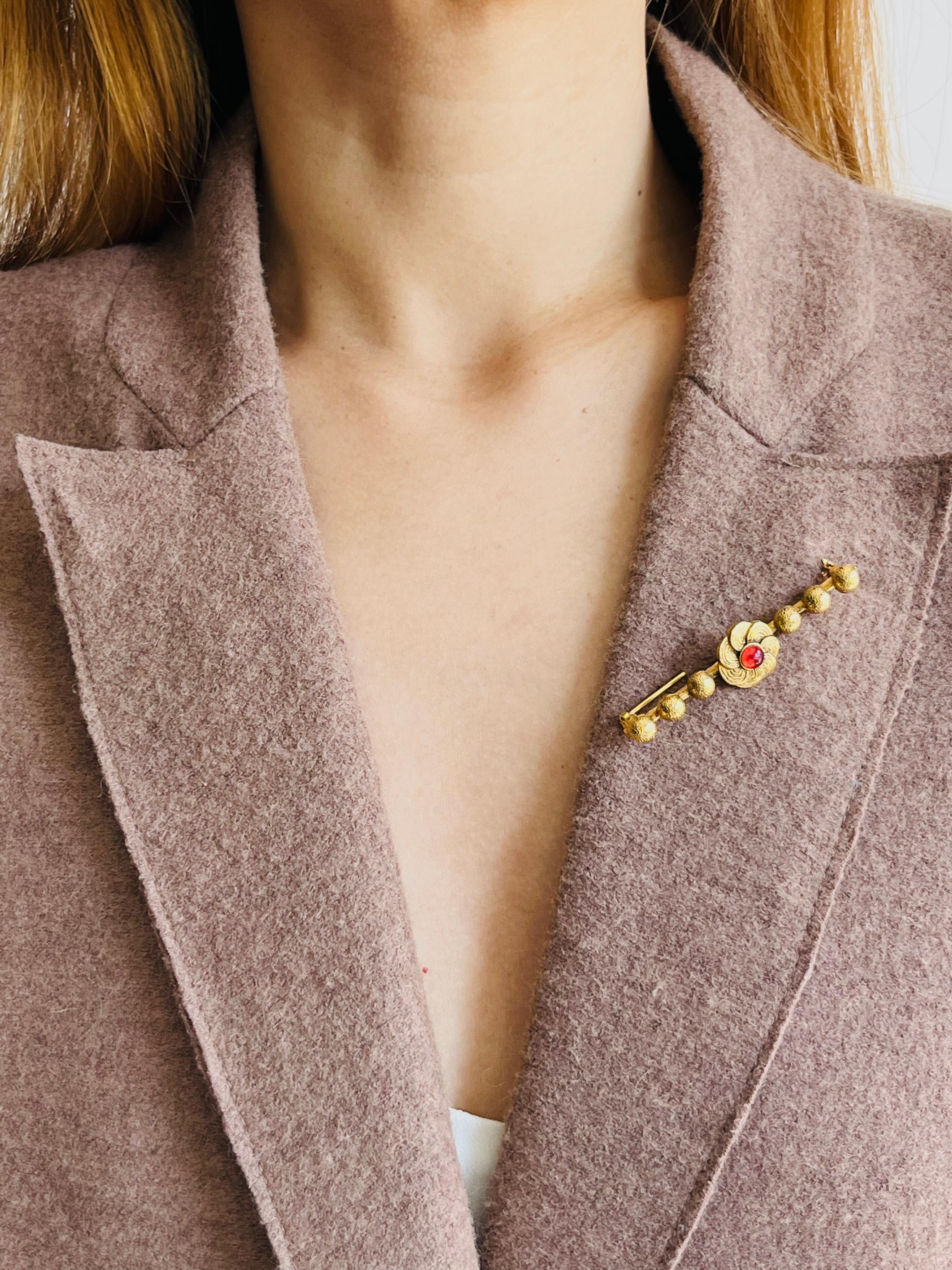 Chanel Vintage 1950s Blume Rubin Cabochon Lang 6 Dots Ball Barrette Gold Brosche im Angebot 2