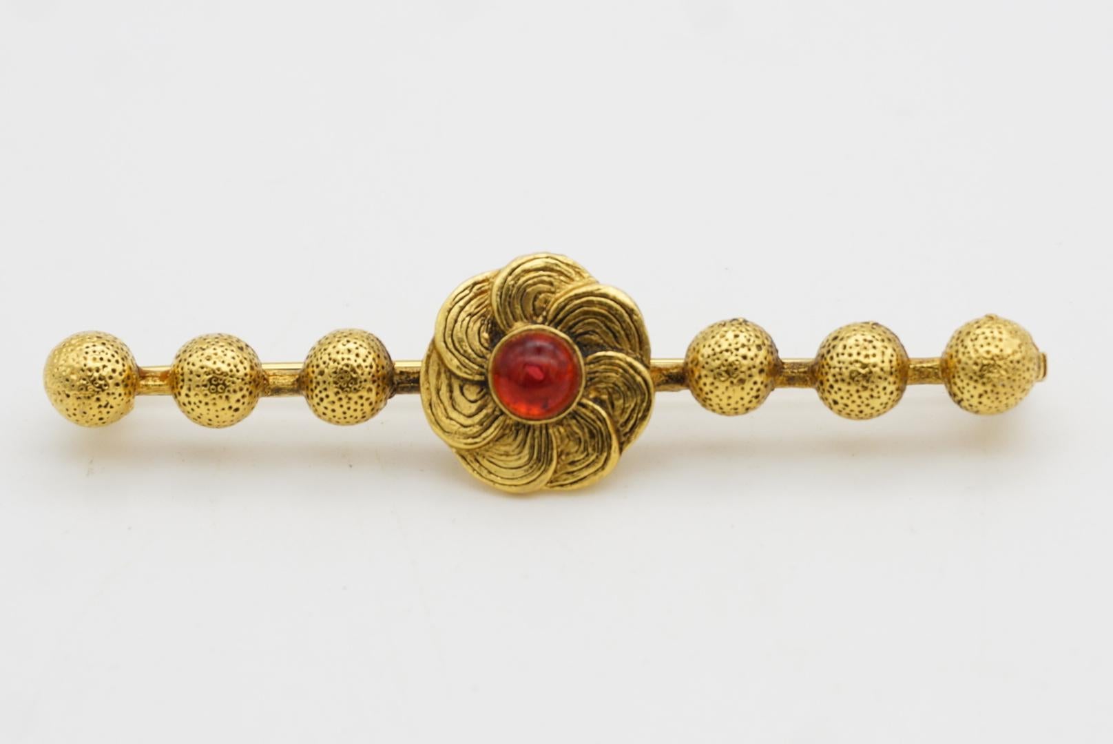 Chanel Vintage 1950s Blume Rubin Cabochon Lang 6 Dots Ball Barrette Gold Brosche im Angebot 3
