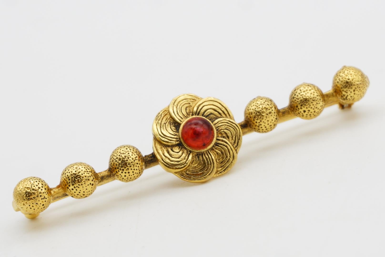 Chanel Vintage 1950s Blume Rubin Cabochon Lang 6 Dots Ball Barrette Gold Brosche im Angebot 4