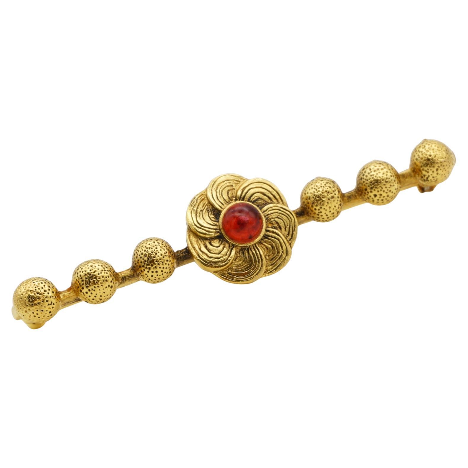 Chanel Vintage 1950s Blume Rubin Cabochon Lang 6 Dots Ball Barrette Gold Brosche im Angebot