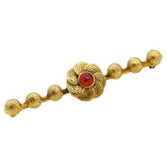 Chanel Vintage 1950s Ruby Gold Cabochon Flower Long 6 Dots Ball Barrette Brooch