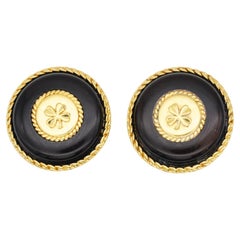Chanel Vintage 1960s Gold Massive Large Black Lucky Clover Leaf Circle Earrings