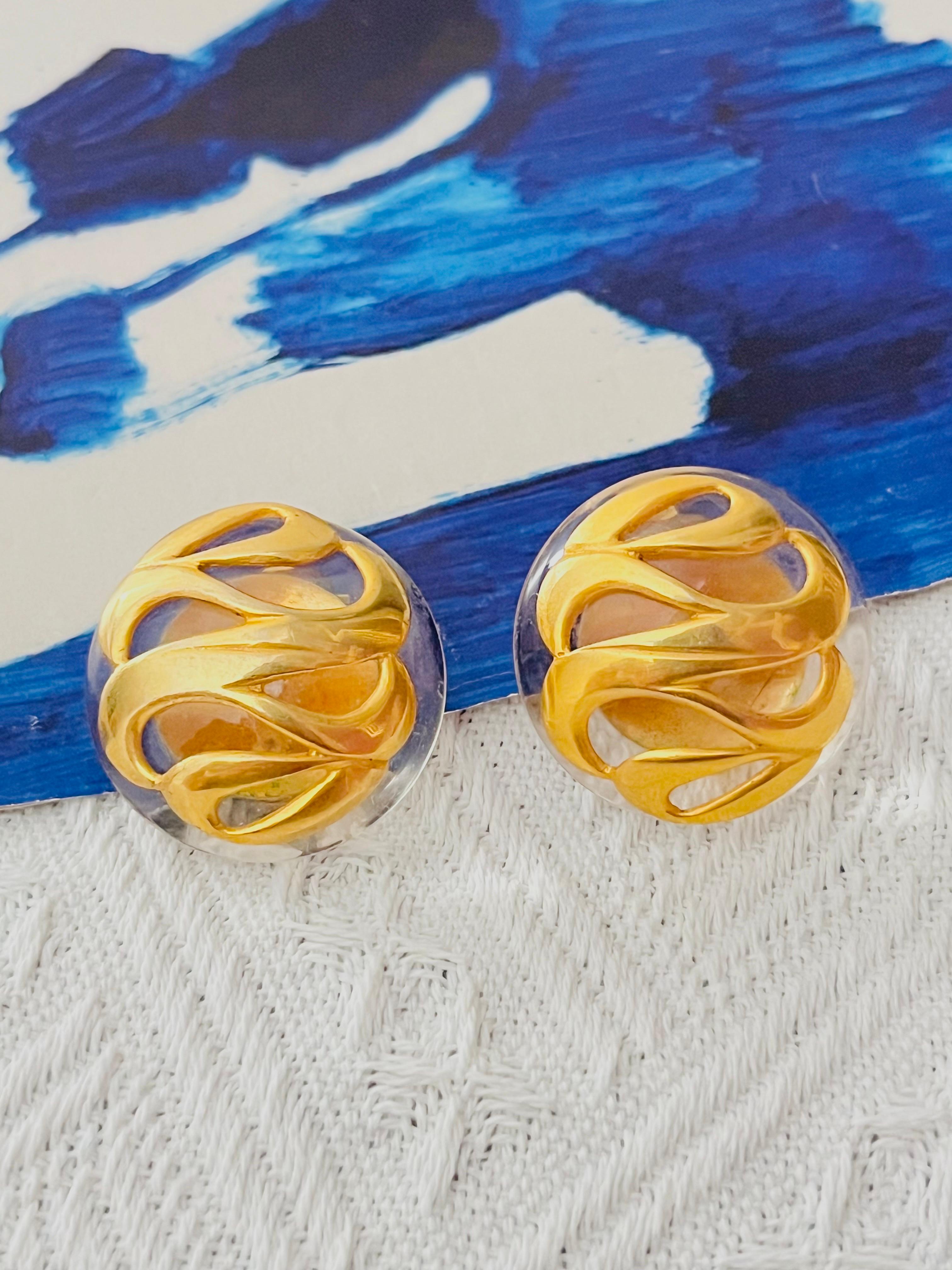 Art Deco Chanel Vintage 1960s Huge Massive Clear Round Dome Curved Modernist Earrings For Sale