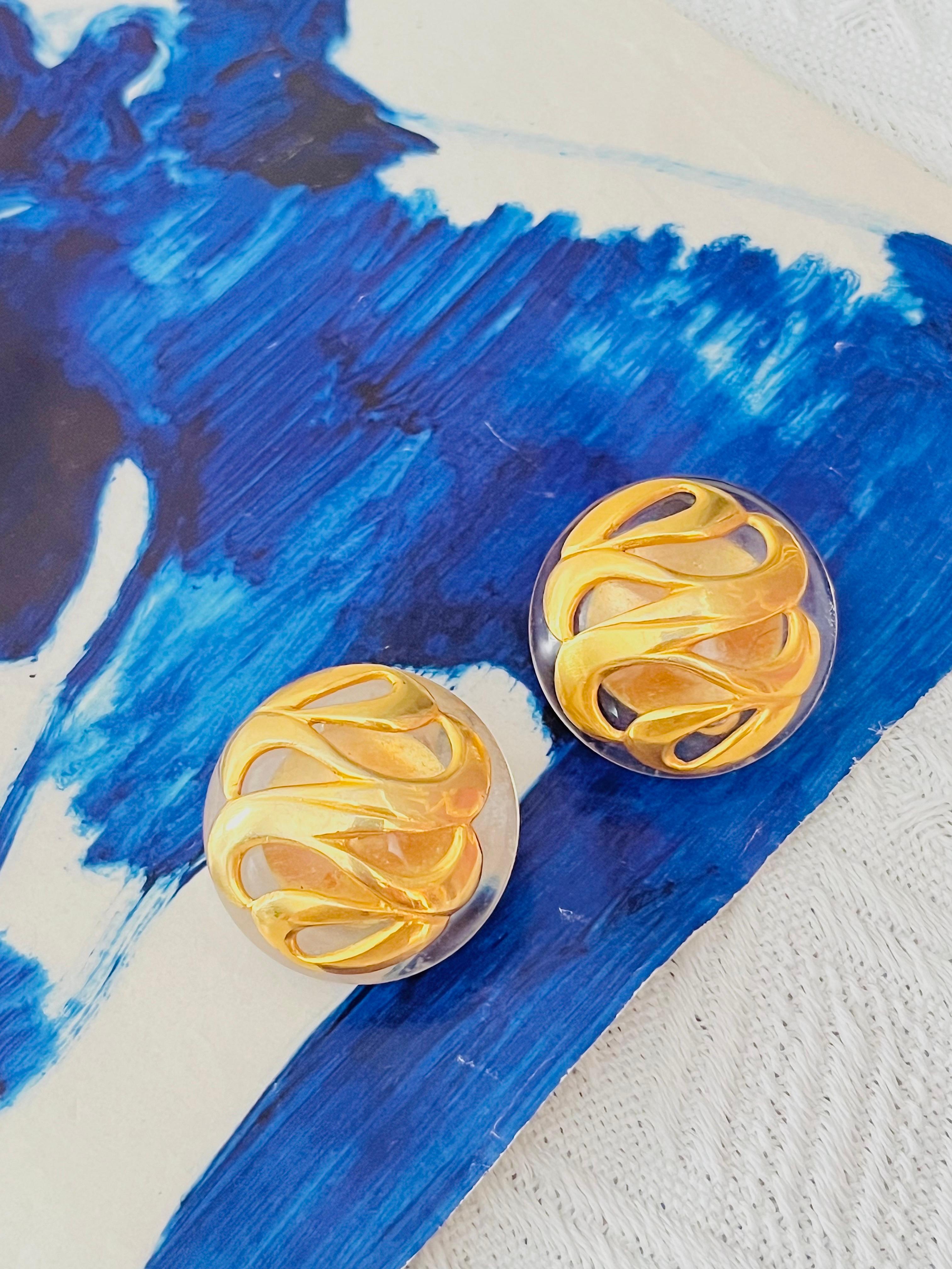 Chanel Vintage 1960s Huge Massive Clear Round Dome Curved Modernist Earrings In Good Condition For Sale In Wokingham, England