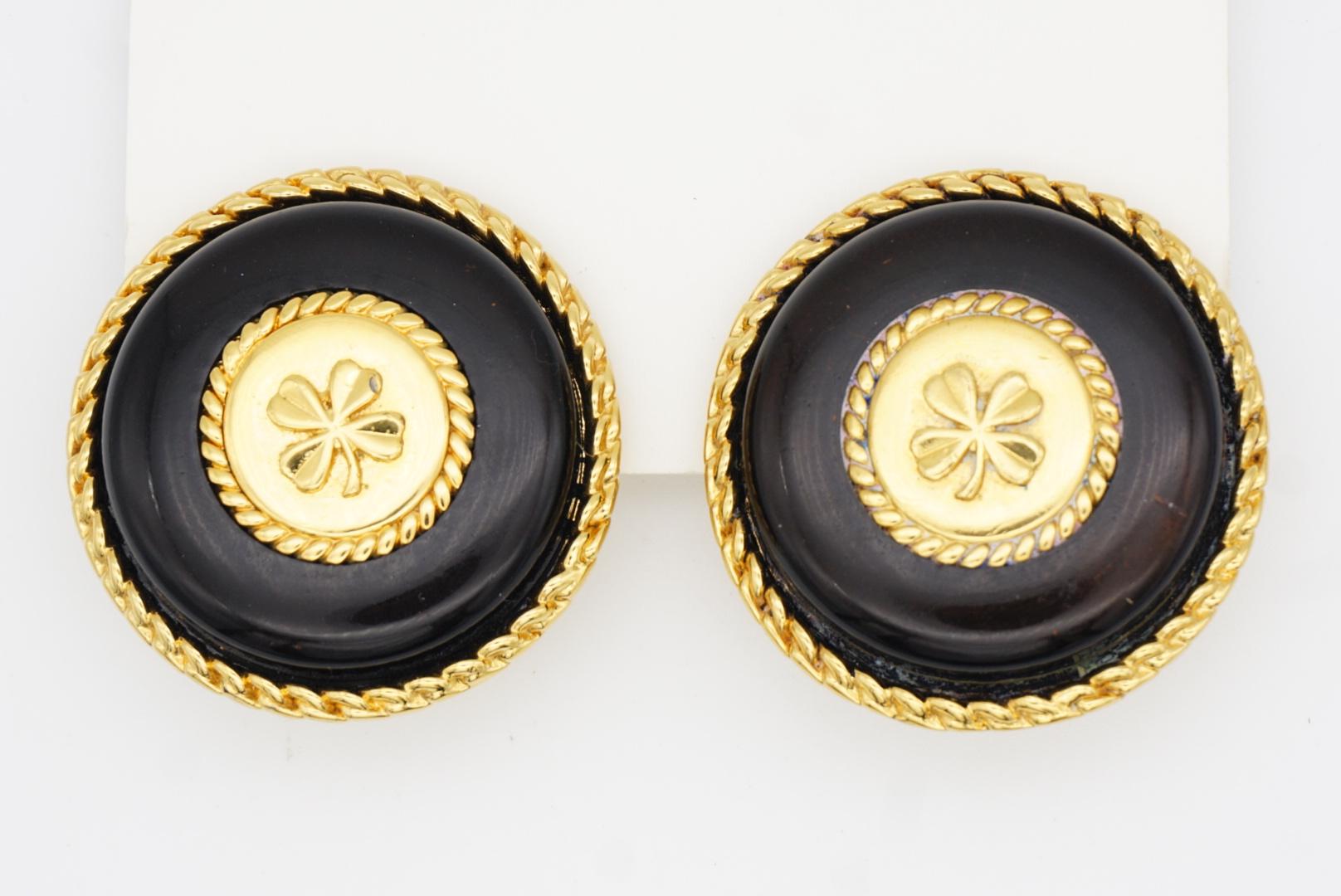Chanel Vintage 1960s Massive Large Black Lucky Four Leaf Clover Circle Earrings For Sale 5