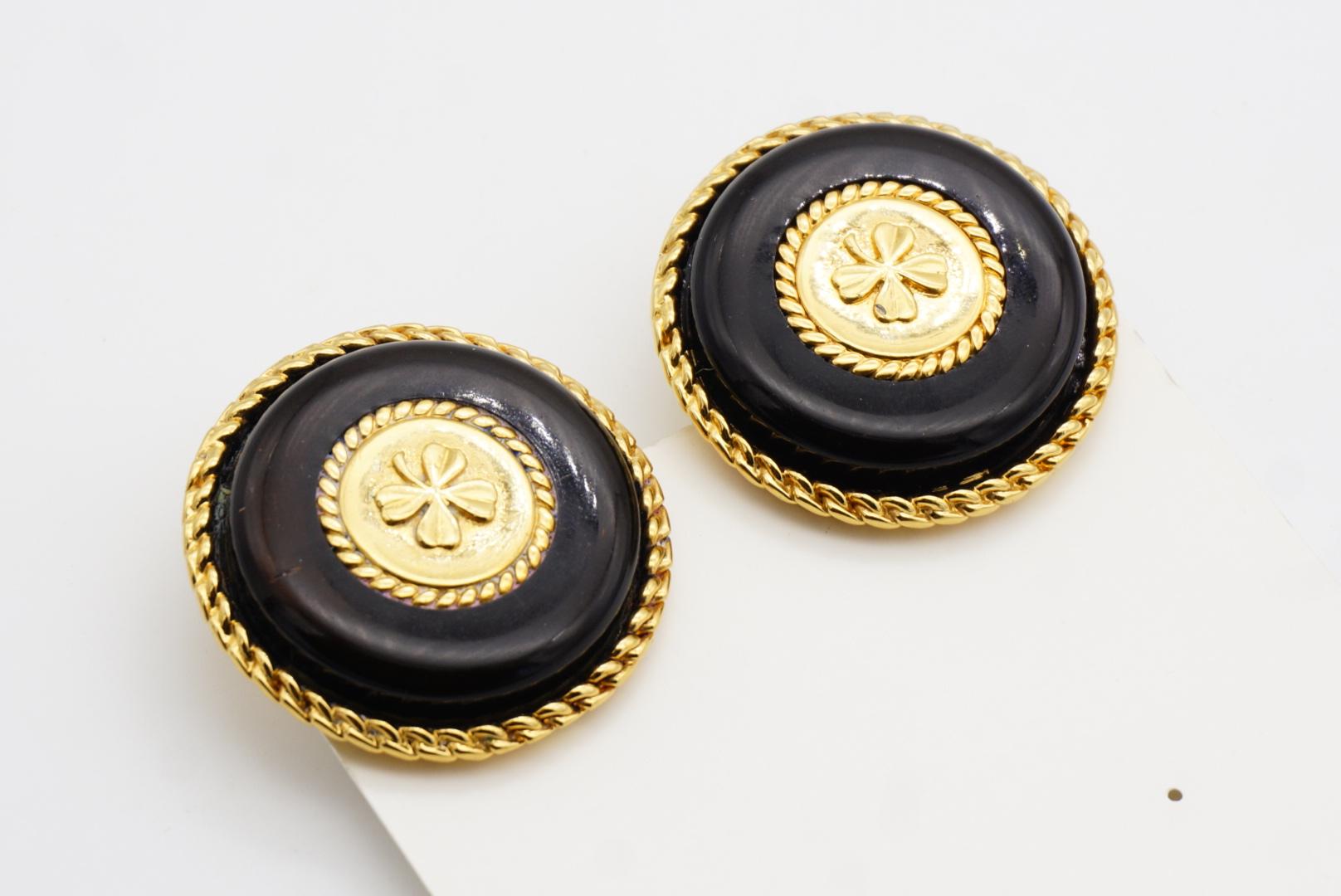 Chanel Vintage 1960s Massive Large Black Lucky Four Leaf Clover Circle Earrings For Sale 6