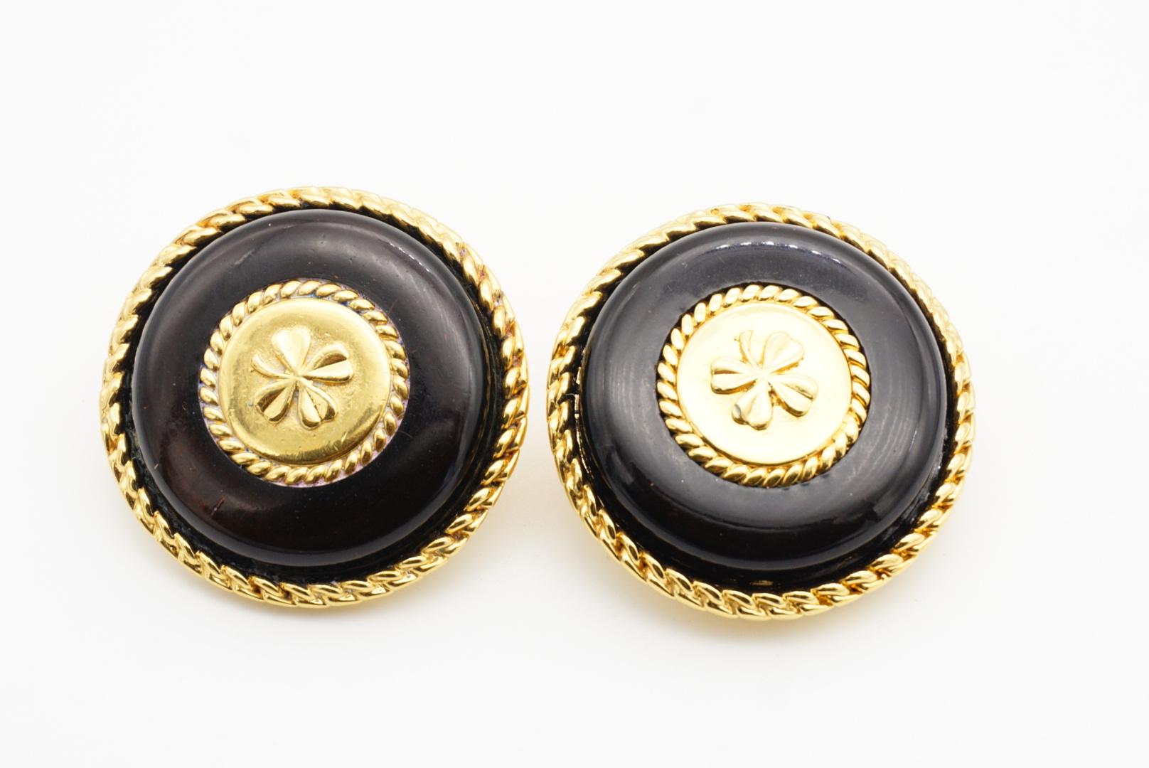 Chanel Vintage 1960s Massive Large Black Lucky Four Leaf Clover Circle Earrings For Sale 7