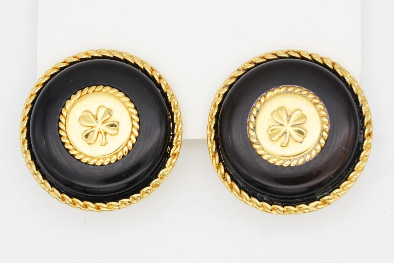 Chanel Vintage 1960s Massive Large Black Lucky Four Leaf Clover Circle Earrings For Sale 10