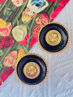 Chanel Vintage 1960s Massive Large Black Lucky Four Leaf Clover Circle Earrings