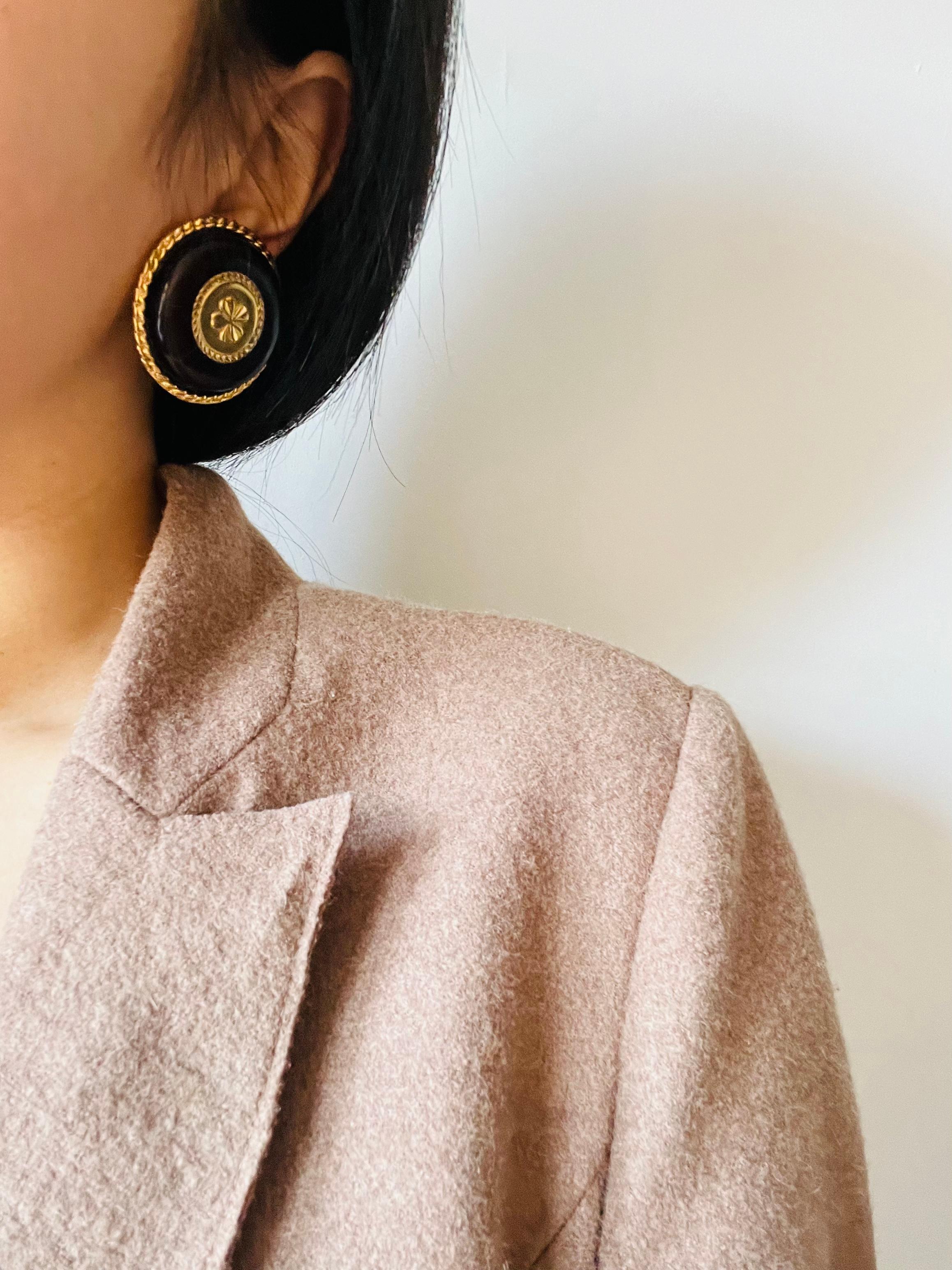 Chanel Vintage 1960s Massive Large Black Lucky Four Leaf Clover Circle Earrings For Sale 1
