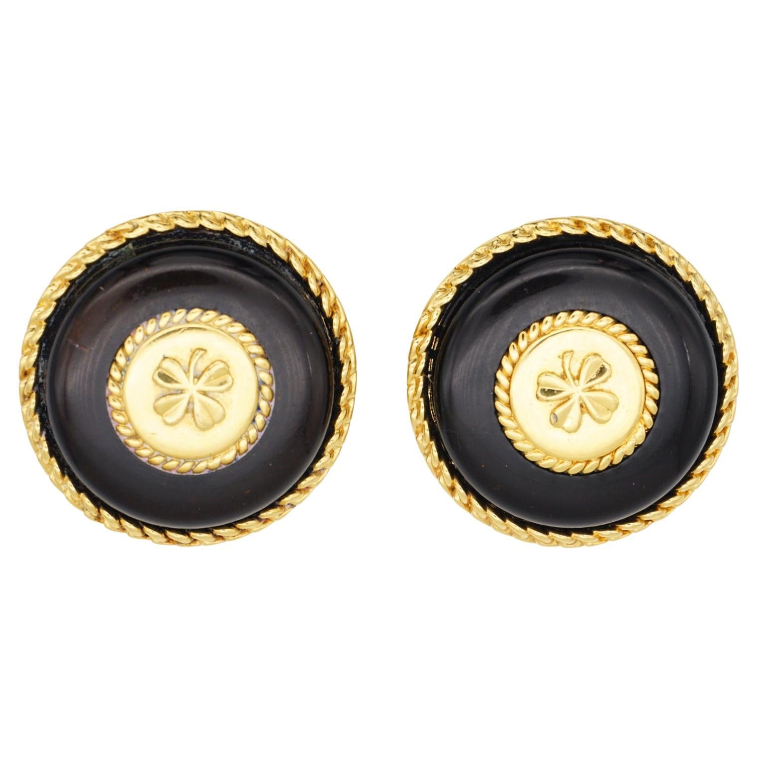 Chanel Vintage 1960s Massive Large Black Lucky Four Leaf Clover Circle Earrings For Sale