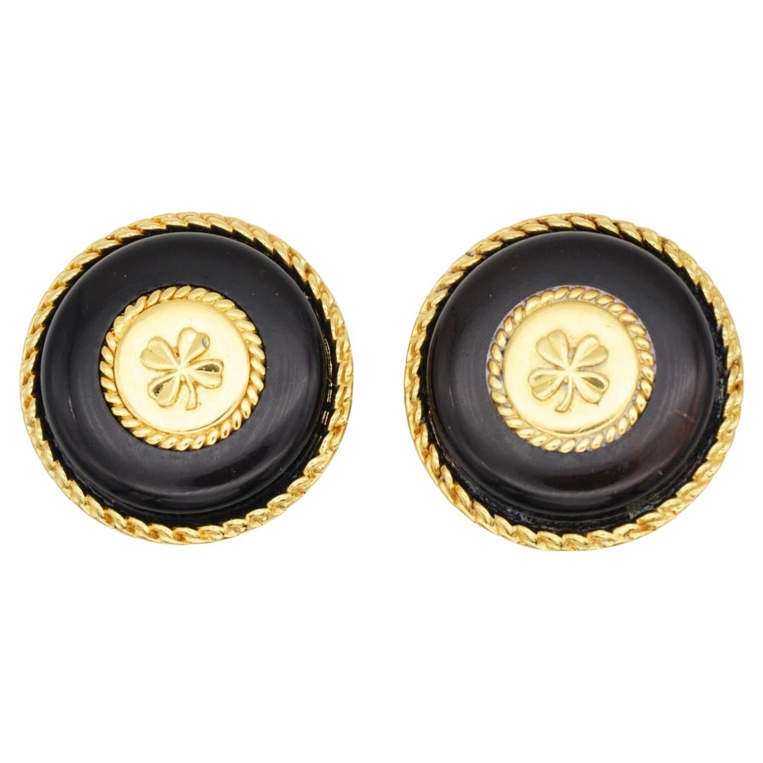 Chanel Vintage 1960s Massive Large Black Lucky Four Leaf Clover Circle Earrings For Sale