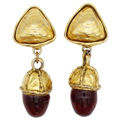 Chanel Vintage 1970 Gripoix Red Ruby Pine Cone Cabochon Triangle Drop Earrings