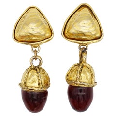 Chanel Vintage 1970 Gripoix Ruby Pine Cone Cabochon Triangle Drop Clip Earrings