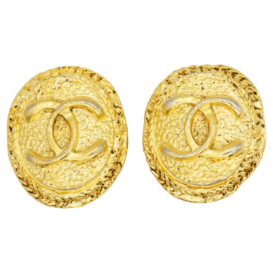 CHANEL Vintage 1970 Textured Iconic Logo CC Coco Oval Grainy Gold Clip Earrings