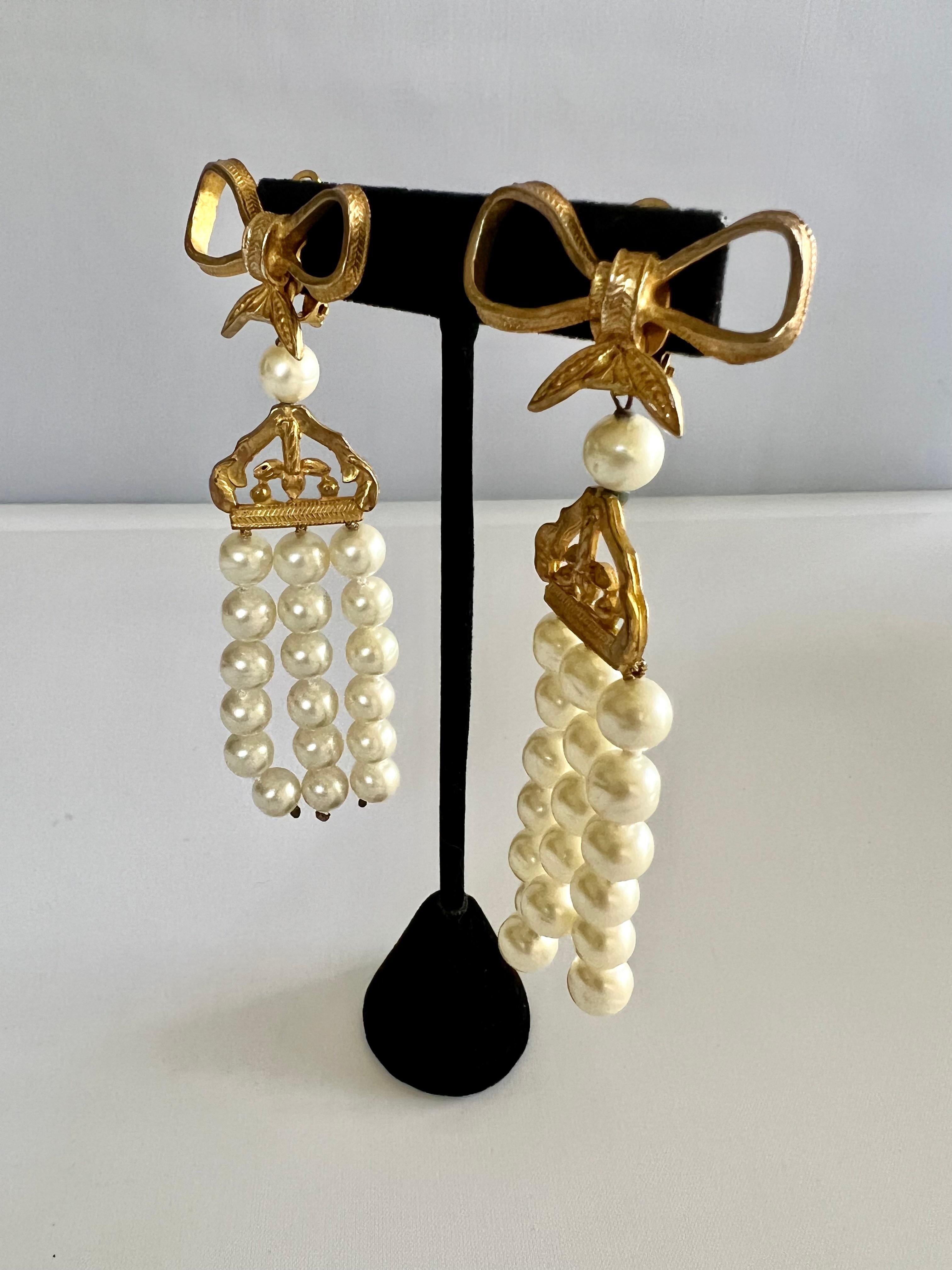 Scarce vintage Chanel gilt bow pearl clip-on statement earrings, circa 1970.